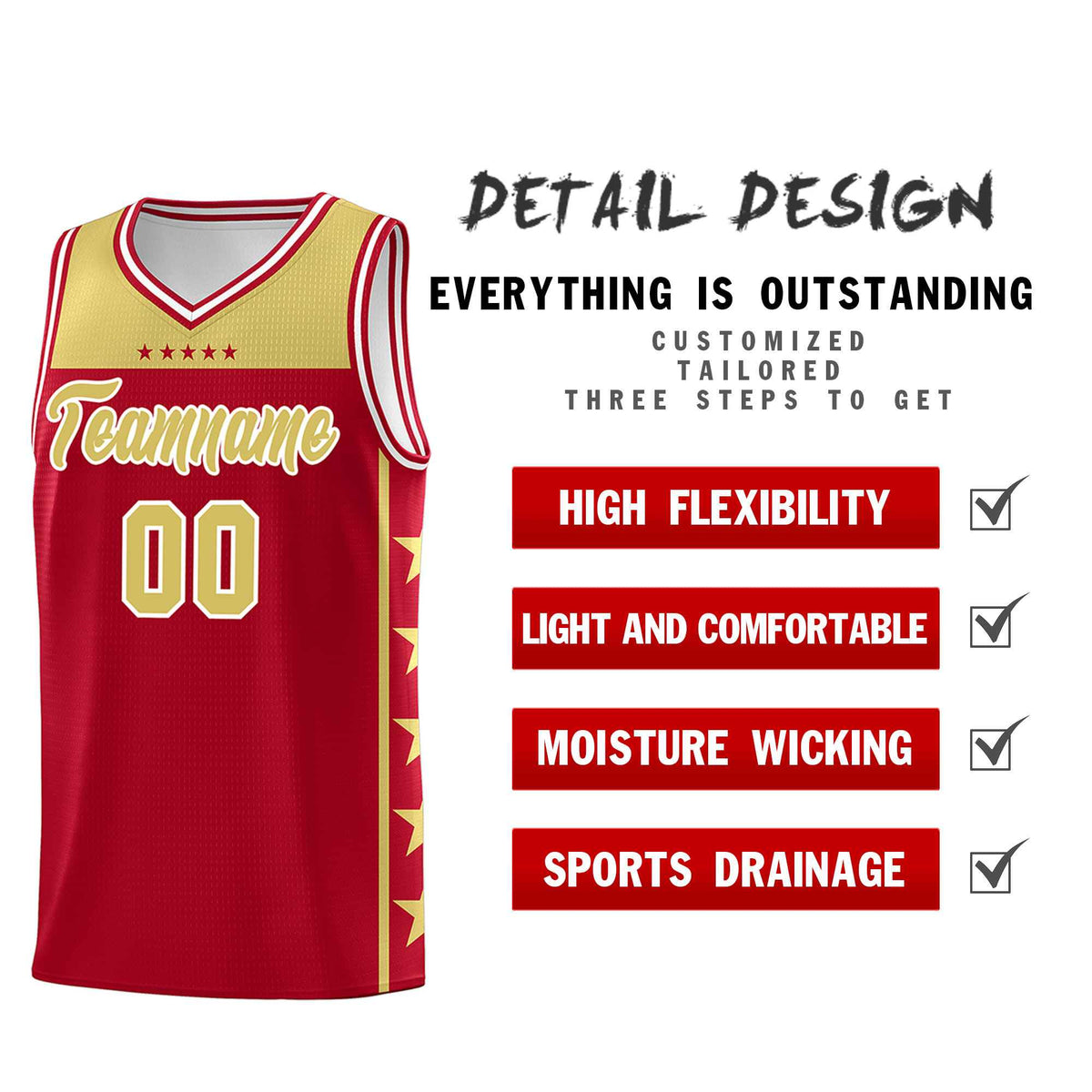Custom Red Old Gold Color Block Sets Sports Uniform Basketball Jersey