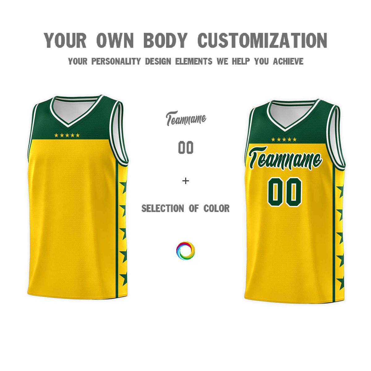 Custom Gold Kelly Green Color Block Sets Sports Uniform Basketball Jersey