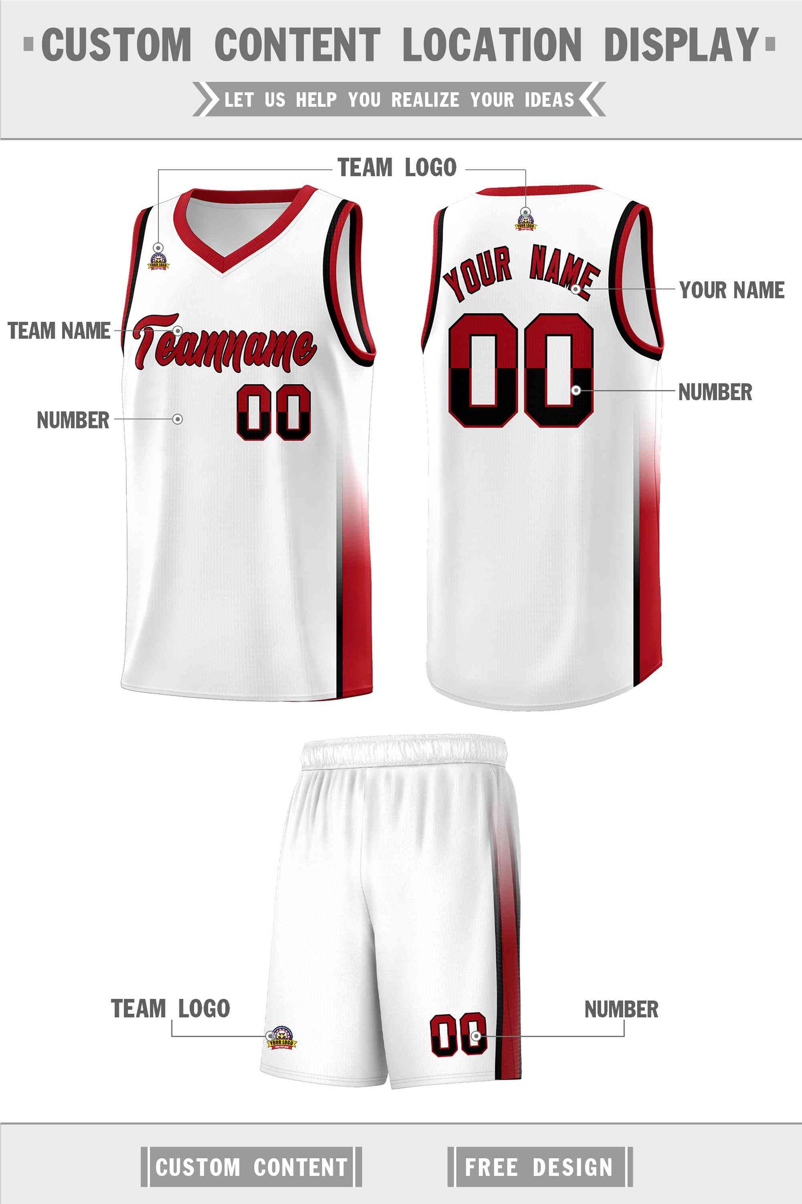 Custom White Black-Red Personalized Two Tone Font Sports Uniform Basketball Jersey