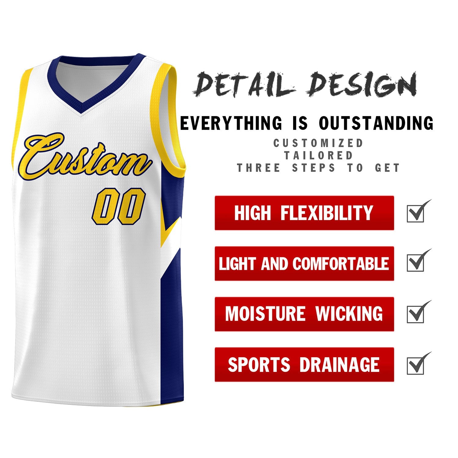 Custom White Navy Side Design Sets Sports Uniform Basketball Jersey