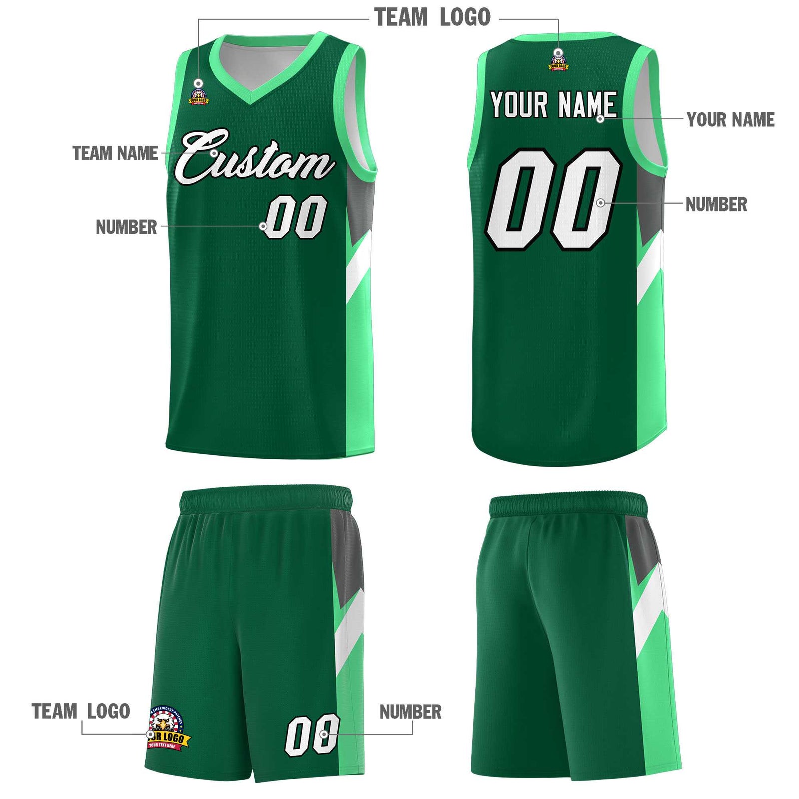 Custom Kelly Green Bright Green Side Design Sets Sports Uniform Basketball Jersey