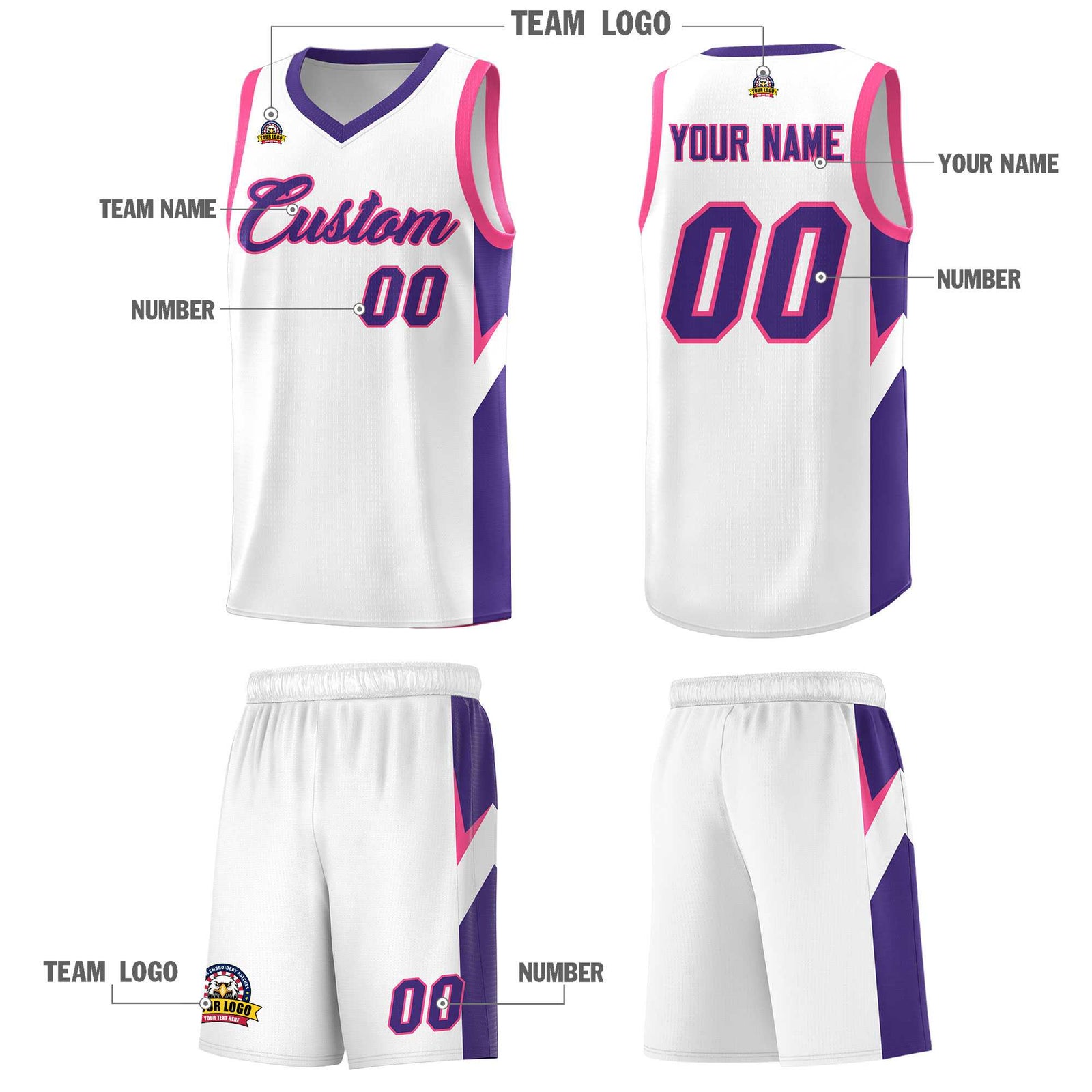Custom White Purple Side Design Sets Sports Uniform Basketball Jersey