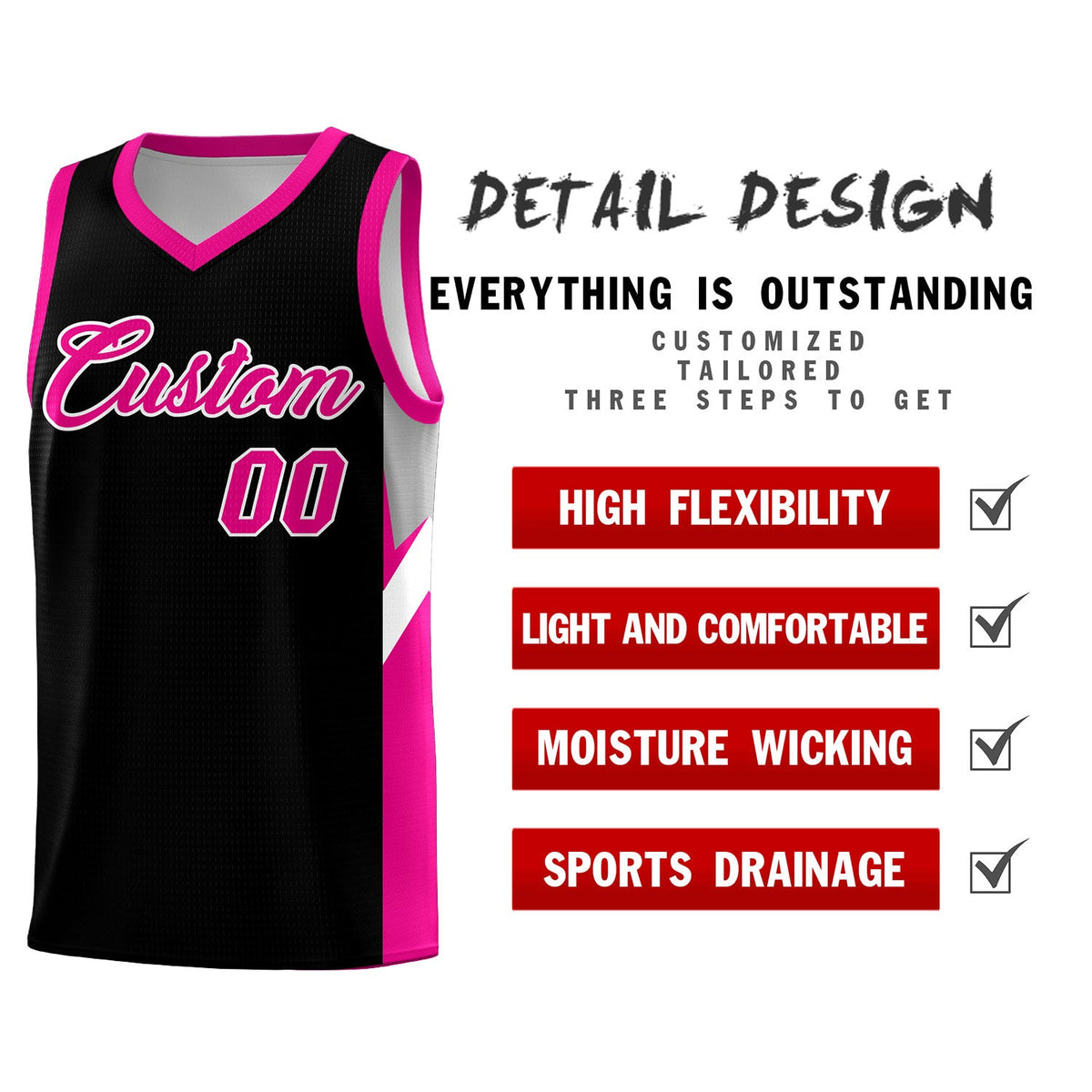 Custom Black Pink Side Design Sets Sports Uniform Basketball Jersey