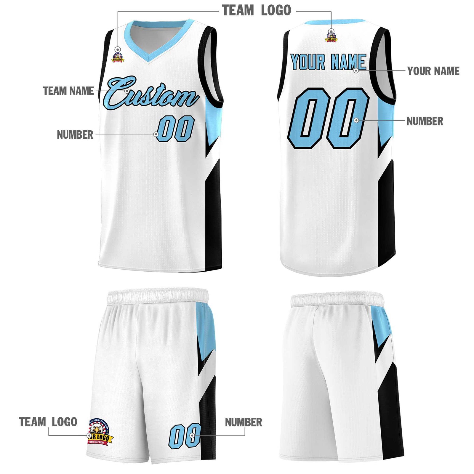Custom White Light Blue Side Design Sets Sports Uniform Basketball Jersey