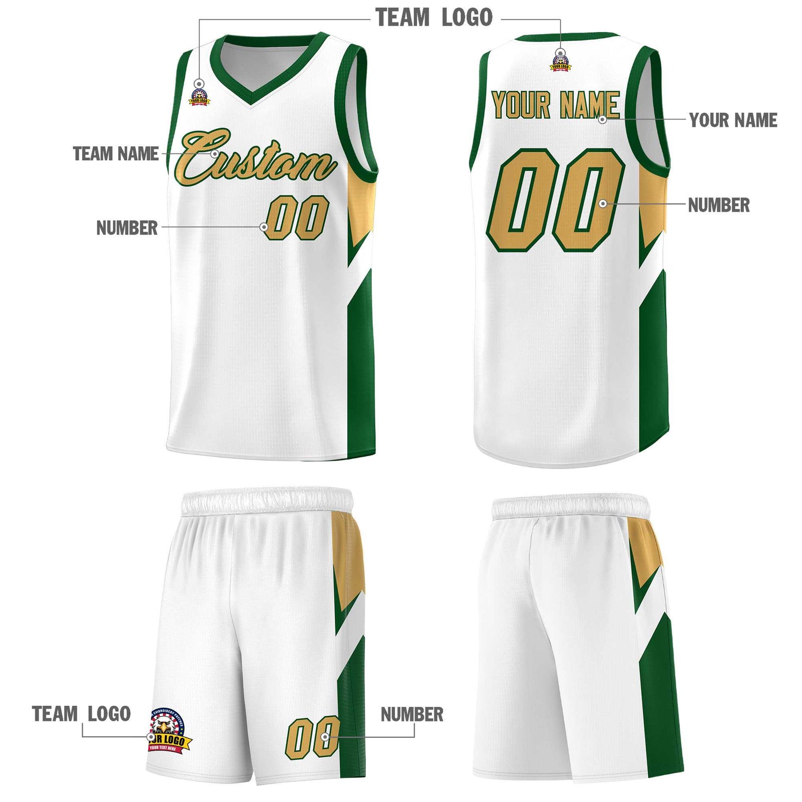 Custom White Green Side Design Sets Sports Uniform Basketball Jersey
