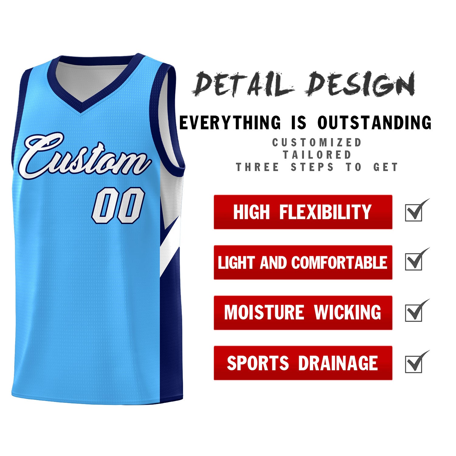 Custom Powder Blue Navy Side Design Sets Sports Uniform Basketball Jersey