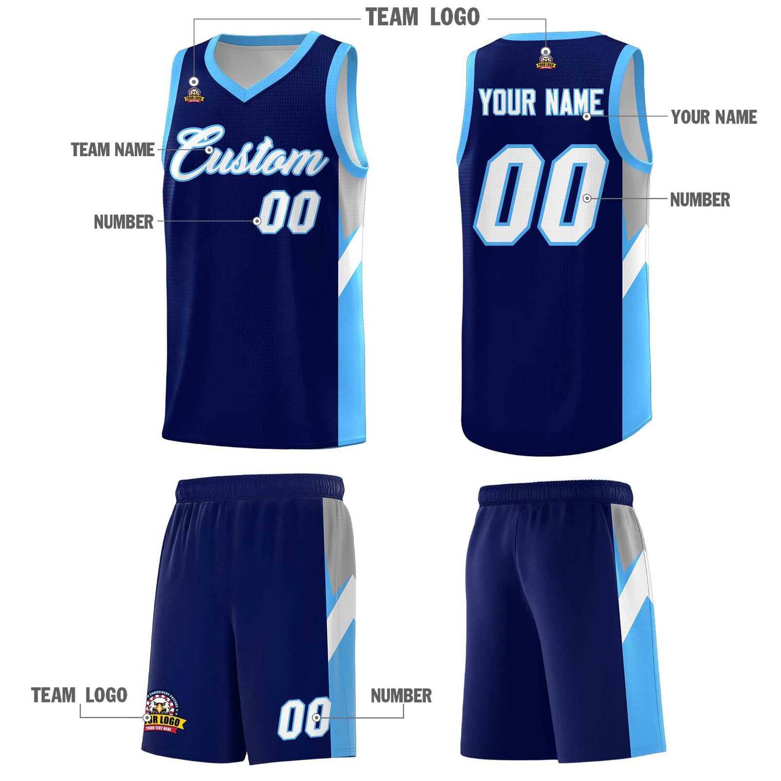 Custom Navy Powder Blue Side Design Sets Sports Uniform Basketball Jersey