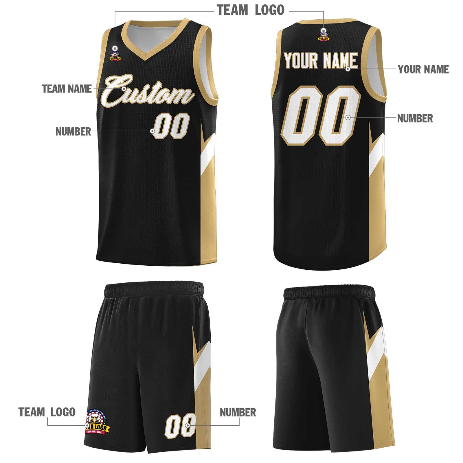 Custom Black Old Gold Side Design Sets Sports Uniform Basketball Jersey