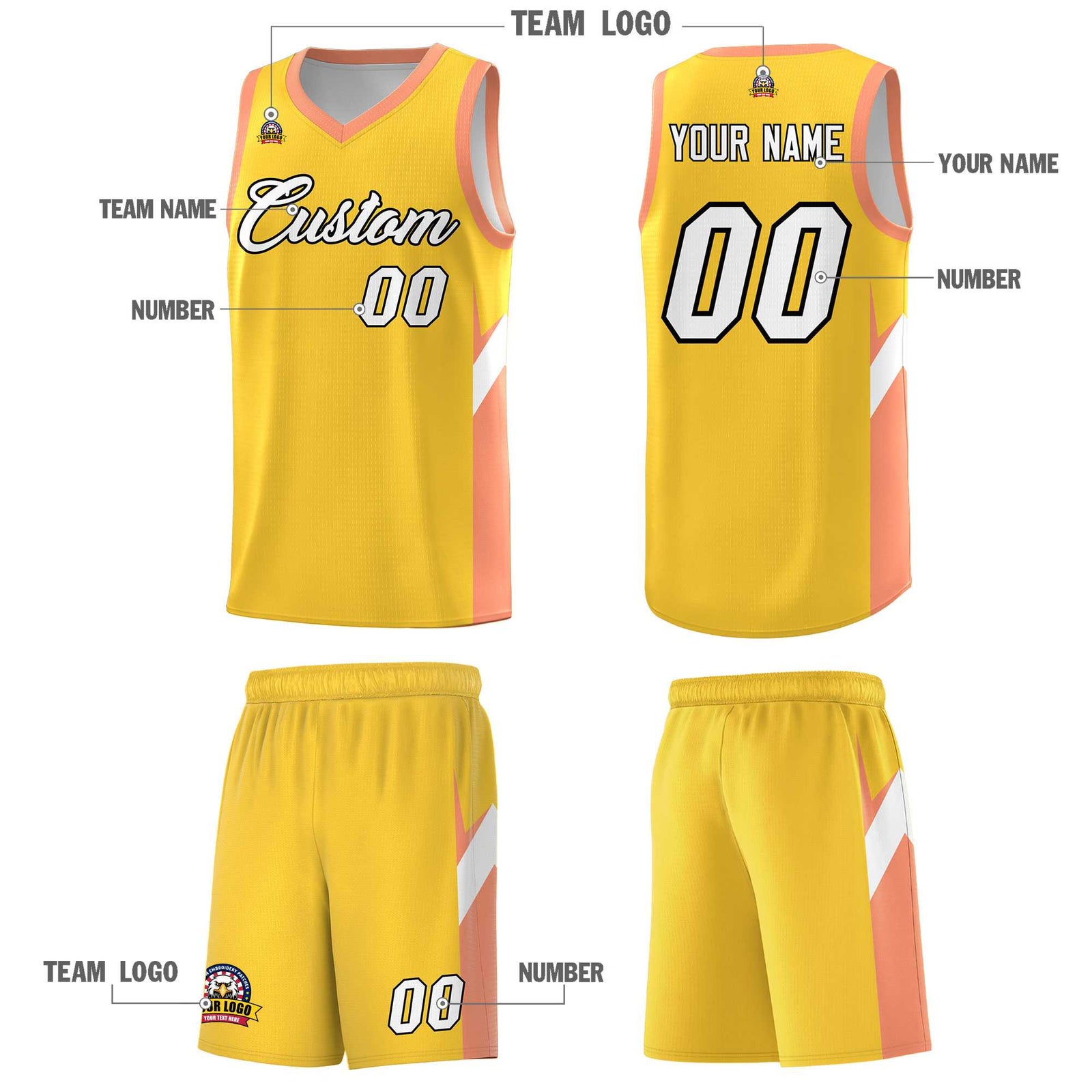 Custom Gold Orange Side Design Sets Sports Uniform Basketball Jersey