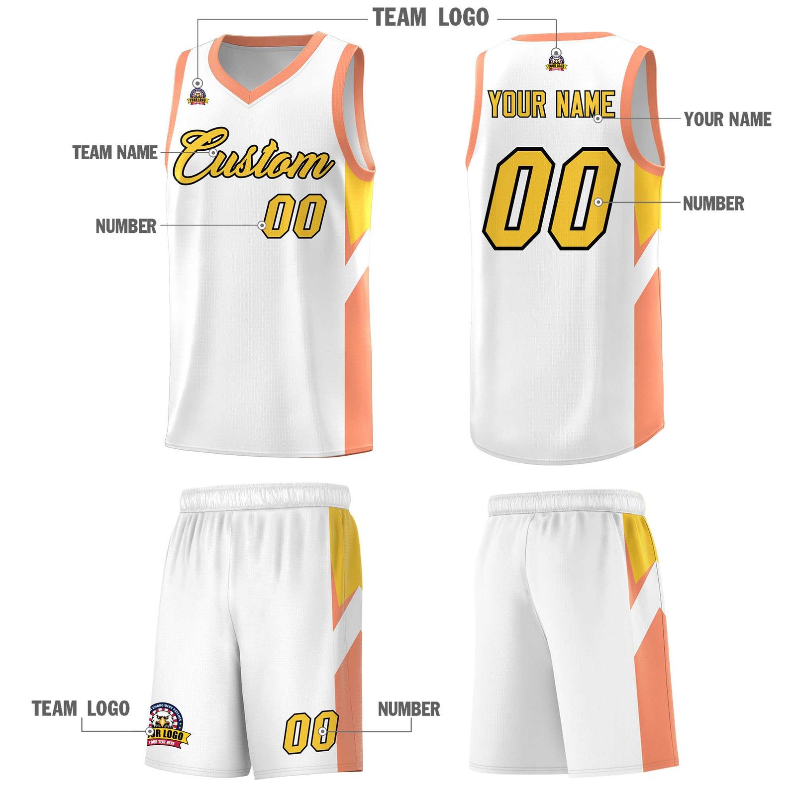 Custom White Orange Side Design Sets Sports Uniform Basketball Jersey