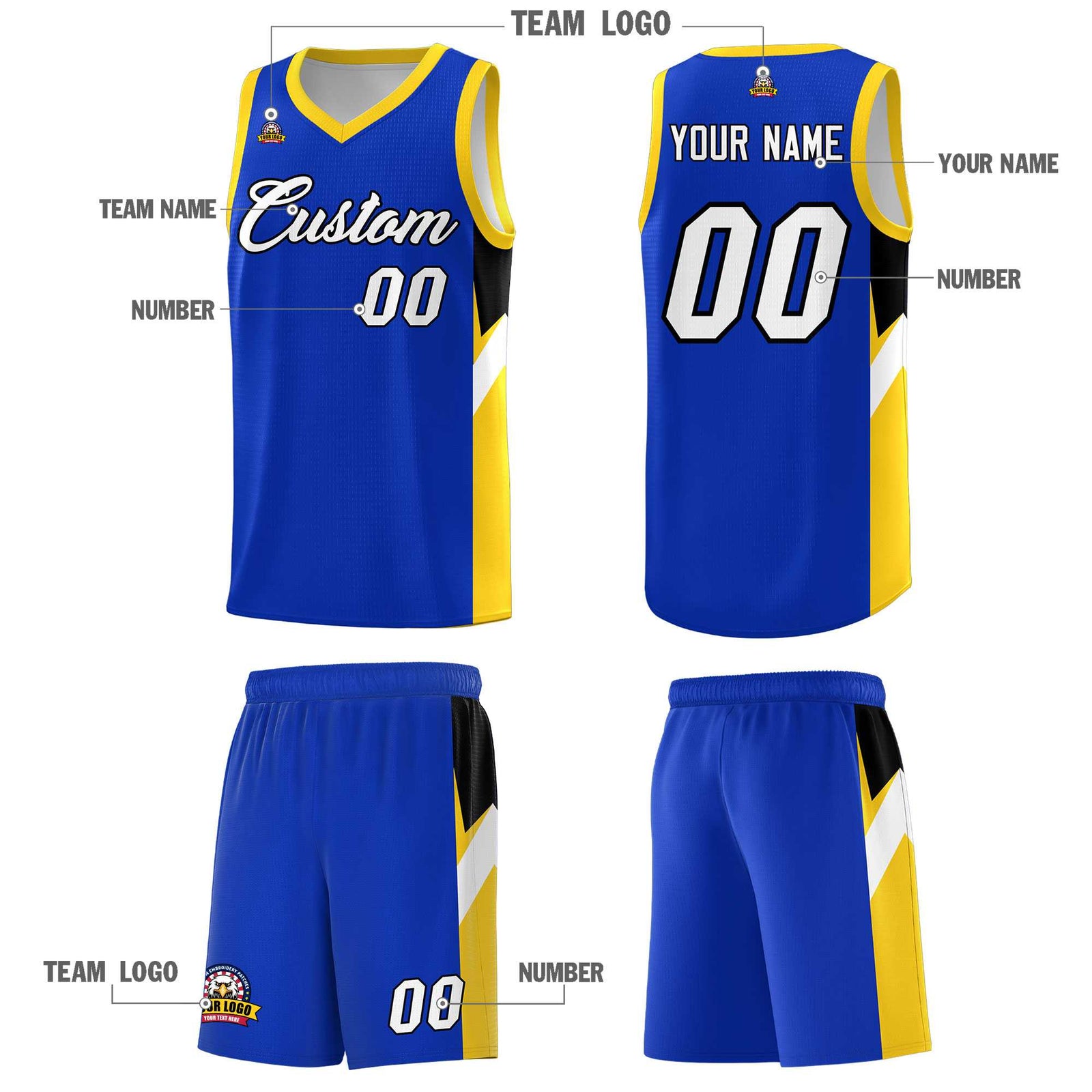 Custom Royal Gold Side Design Sets Sports Uniform Basketball Jersey