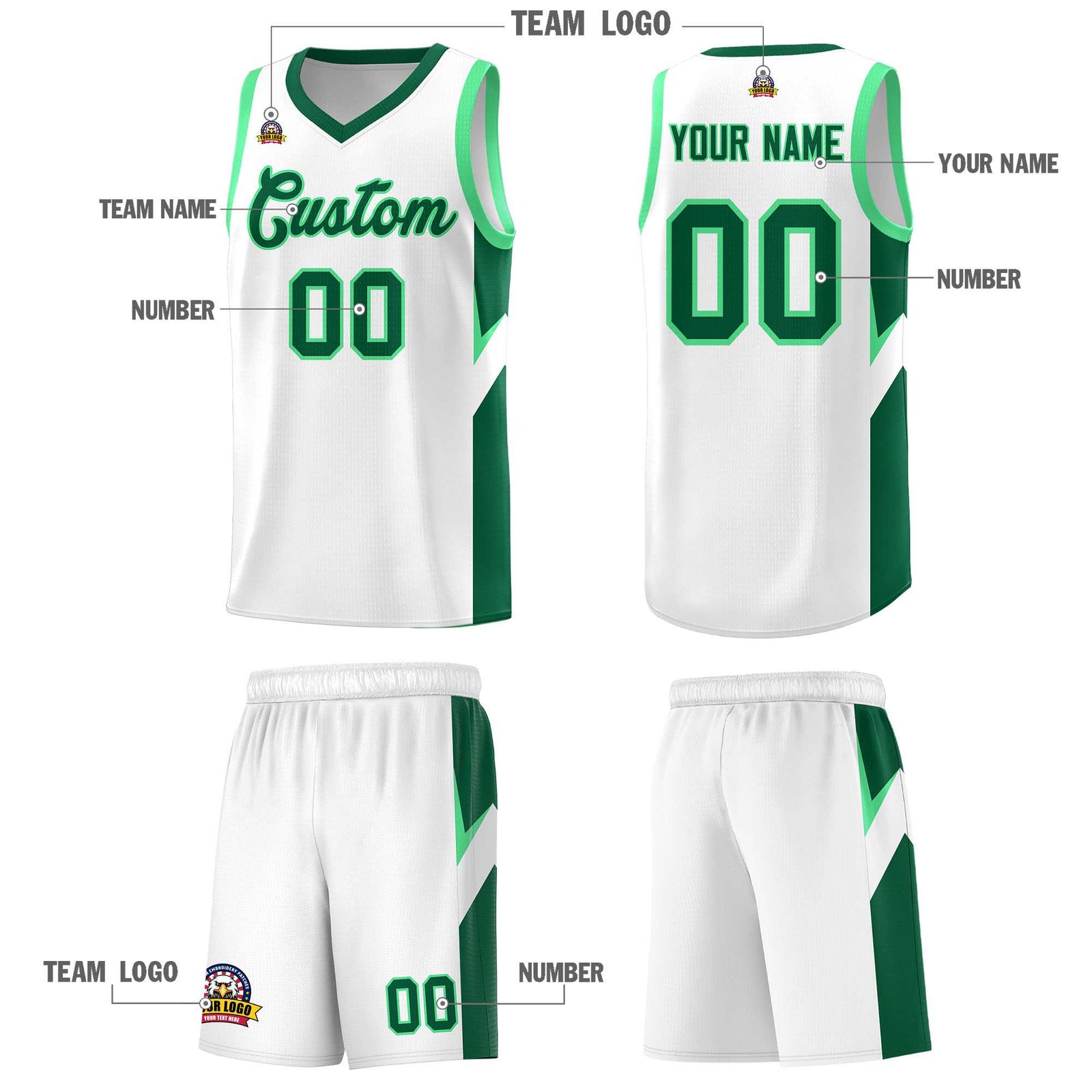 Custom White Kelly Green Side Design Sets Sports Uniform Basketball Jersey