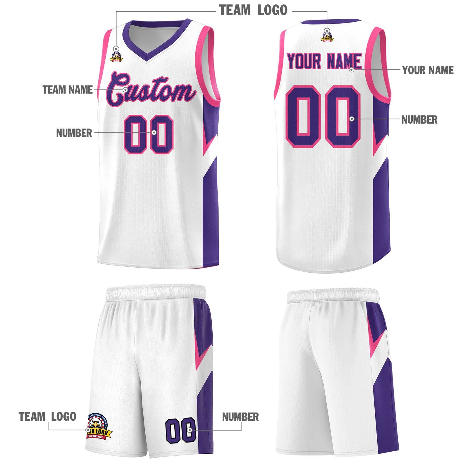 Custom White Purple Side Design Sets Sports Uniform Basketball Jersey