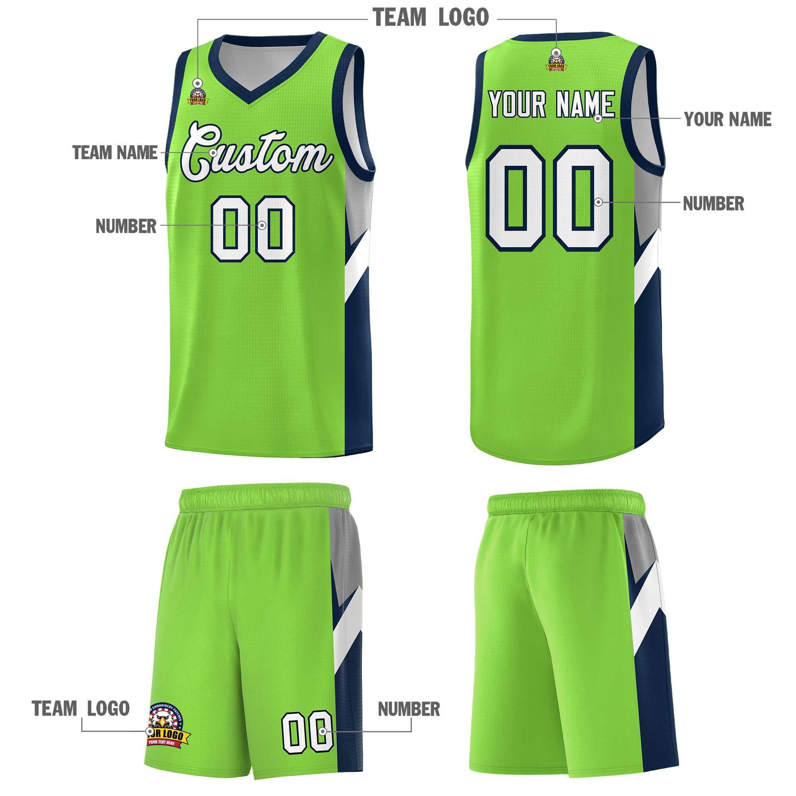 Custom Neon Green Navy Side Design Sets Sports Uniform Basketball Jersey