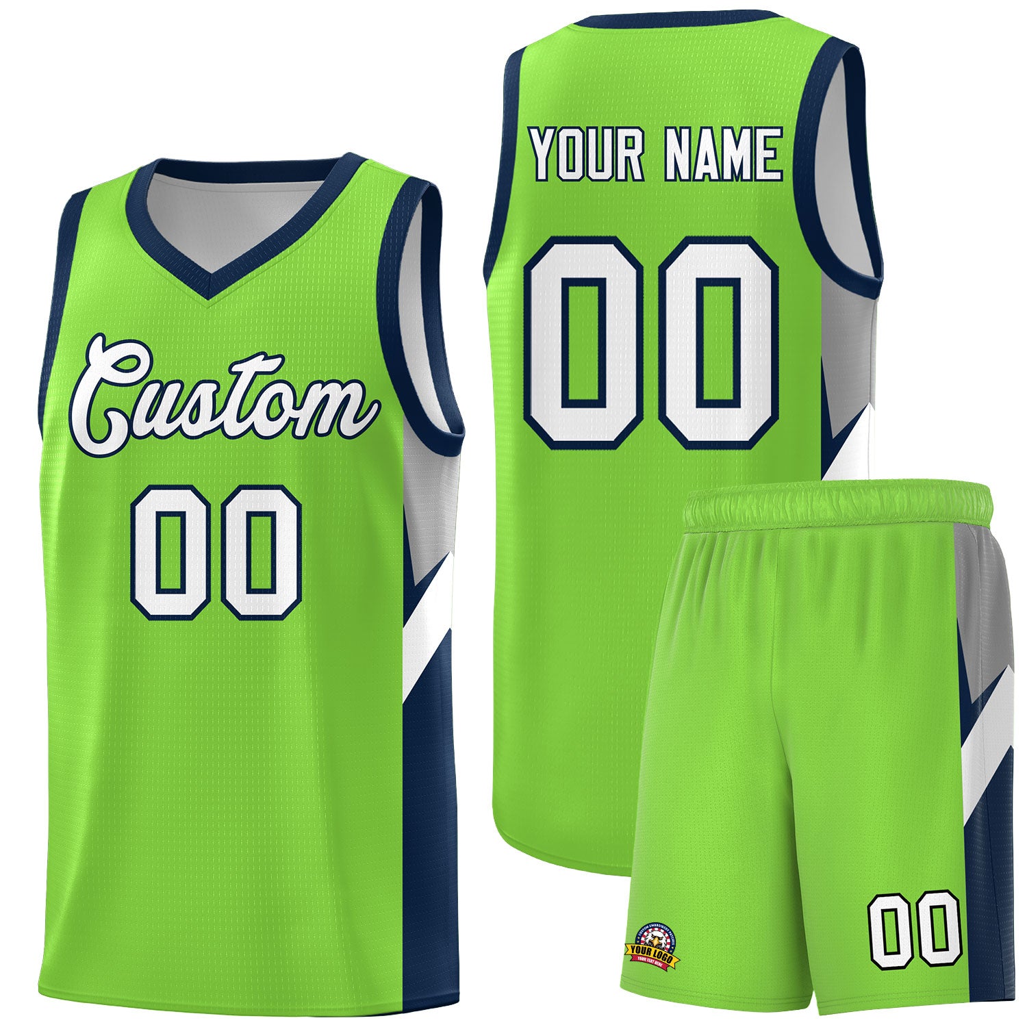 Custom Neon Green Navy Side Design Sets Sports Uniform Basketball Jersey