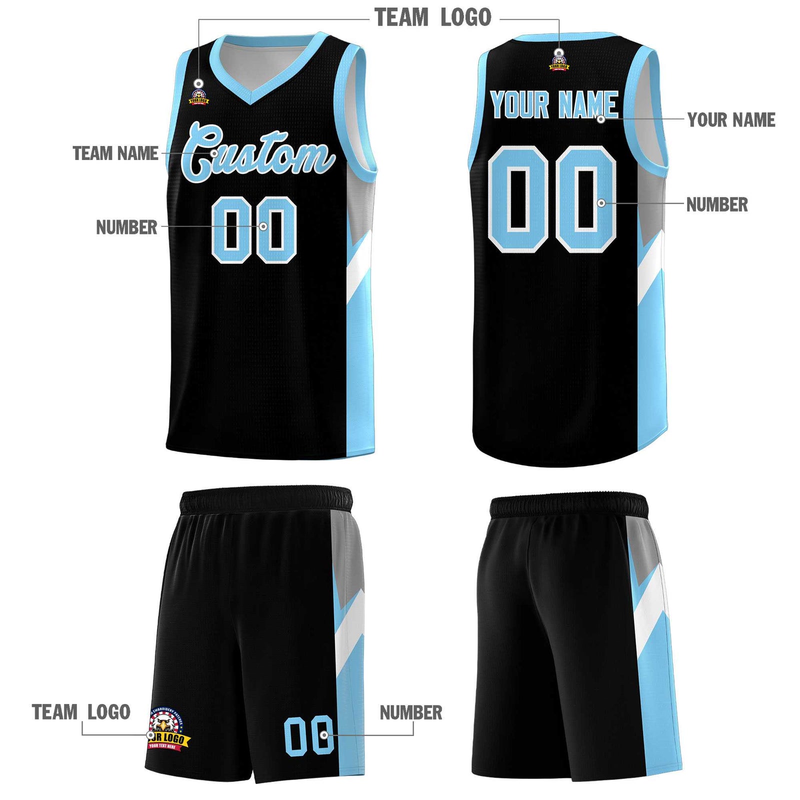 Custom Black Light Blue Side Design Sets Sports Uniform Basketball Jersey