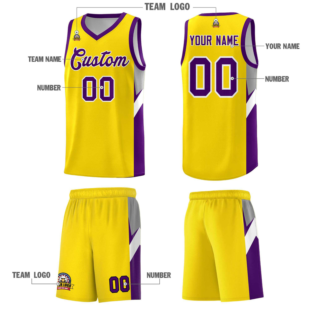 Custom Gold Purple Side Design Sets Sports Uniform Basketball Jersey