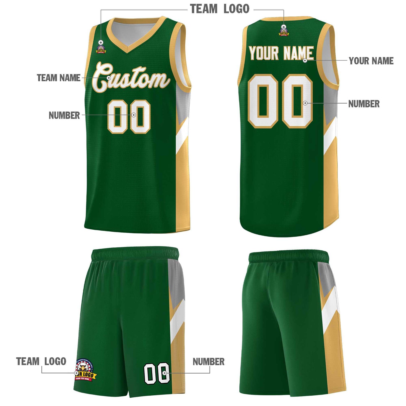 Custom Green Buckskin Brown Side Design Sets Sports Uniform Basketball Jersey