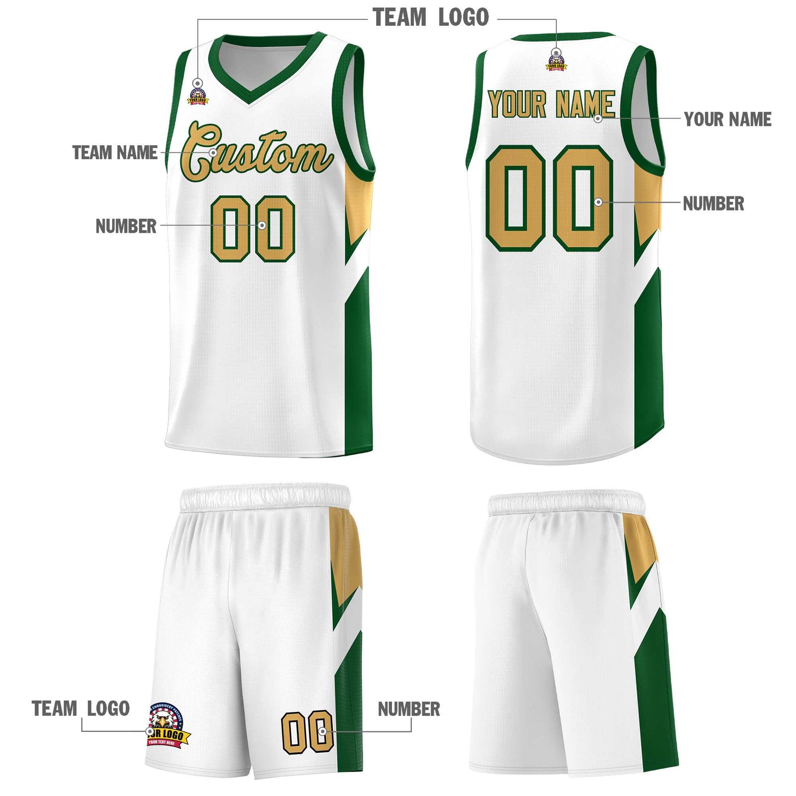 Custom White Green Side Design Sets Sports Uniform Basketball Jersey