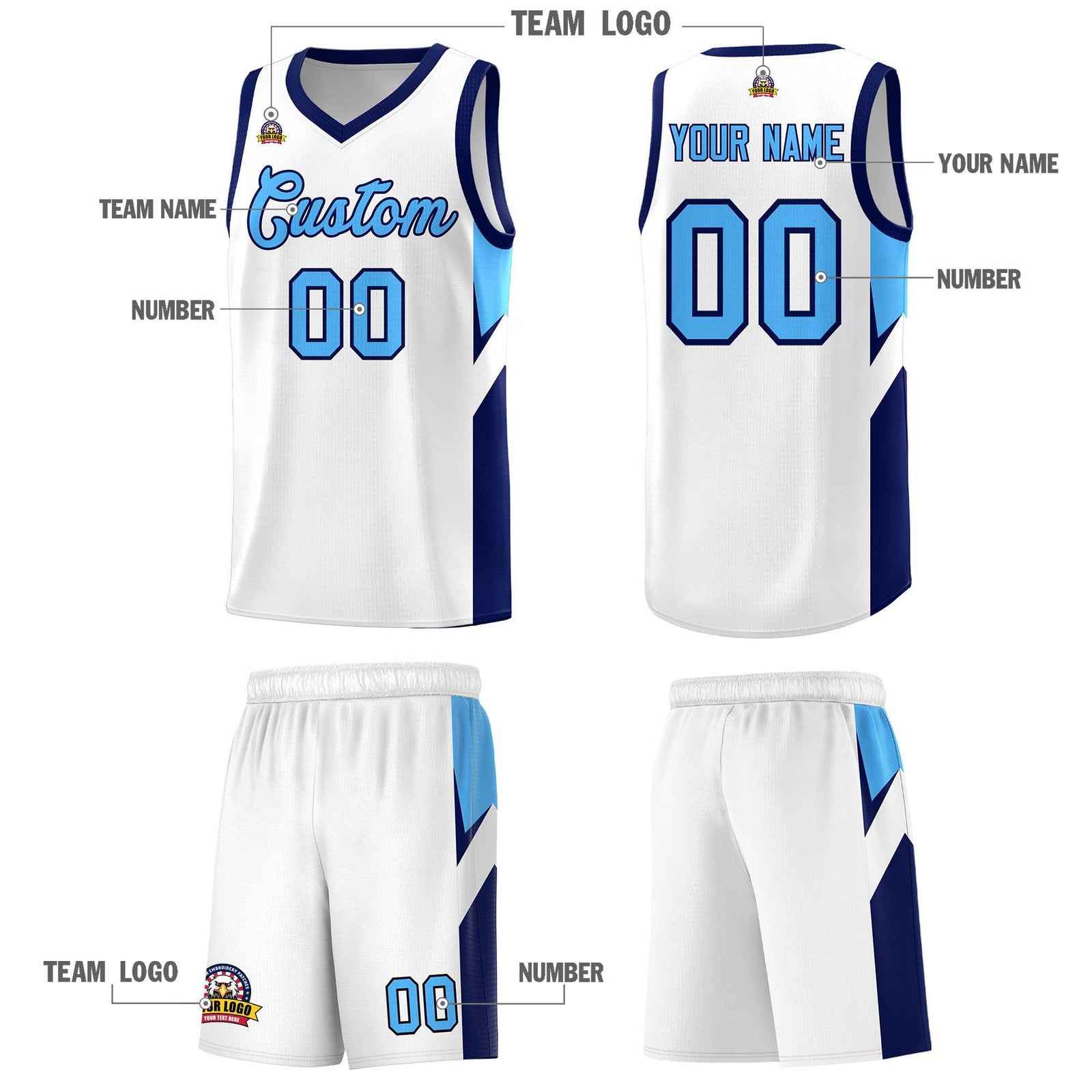 Custom White Navy Side Design Sets Sports Uniform Basketball Jersey