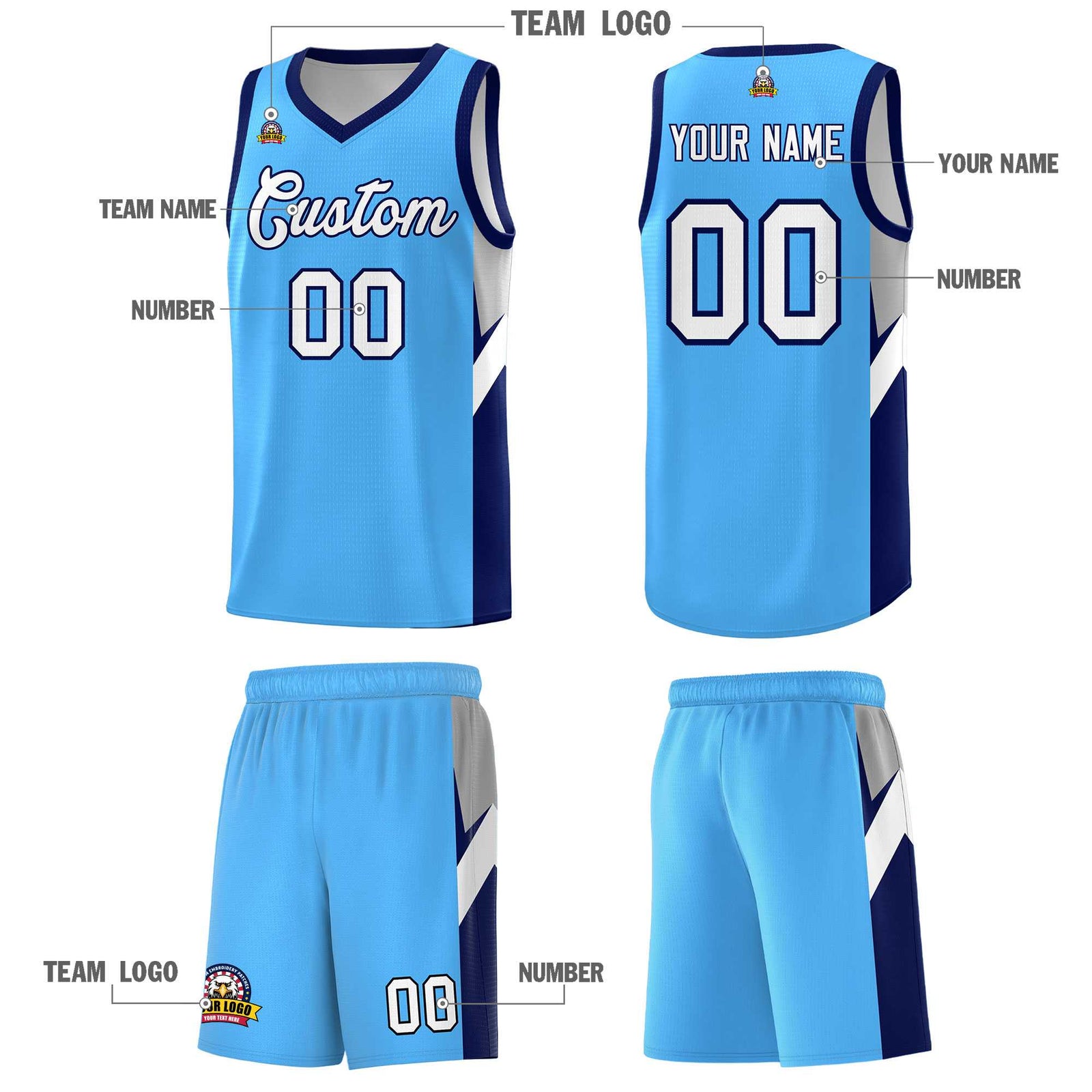 Custom Powder Blue Navy Side Design Sets Sports Uniform Basketball Jersey