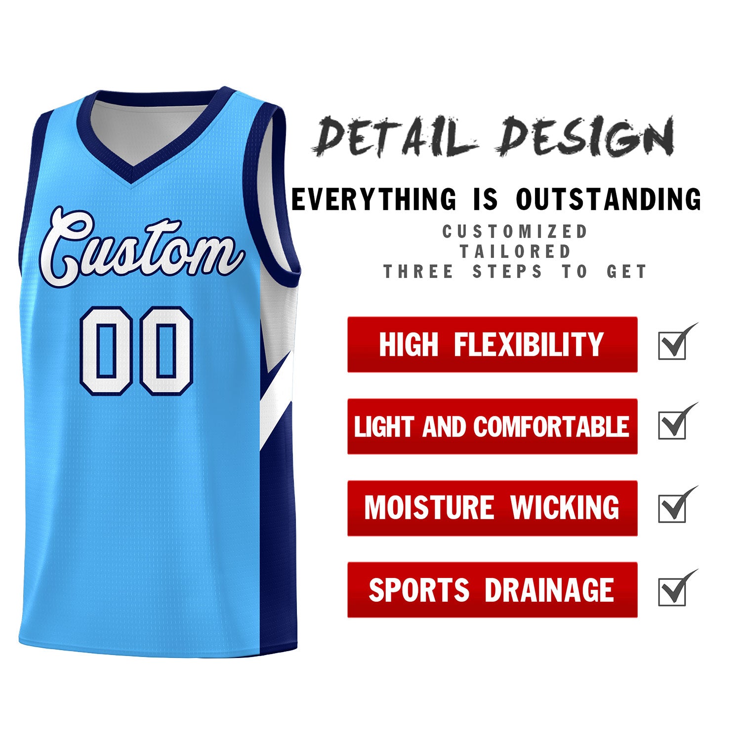 Custom Powder Blue Navy Side Design Sets Sports Uniform Basketball Jersey