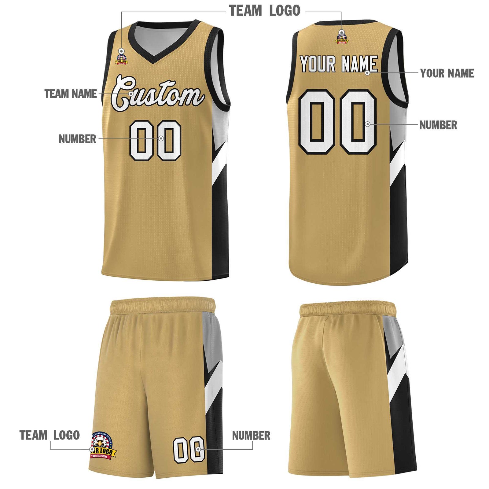 Custom Old Gold Black Side Design Sets Sports Uniform Basketball Jersey