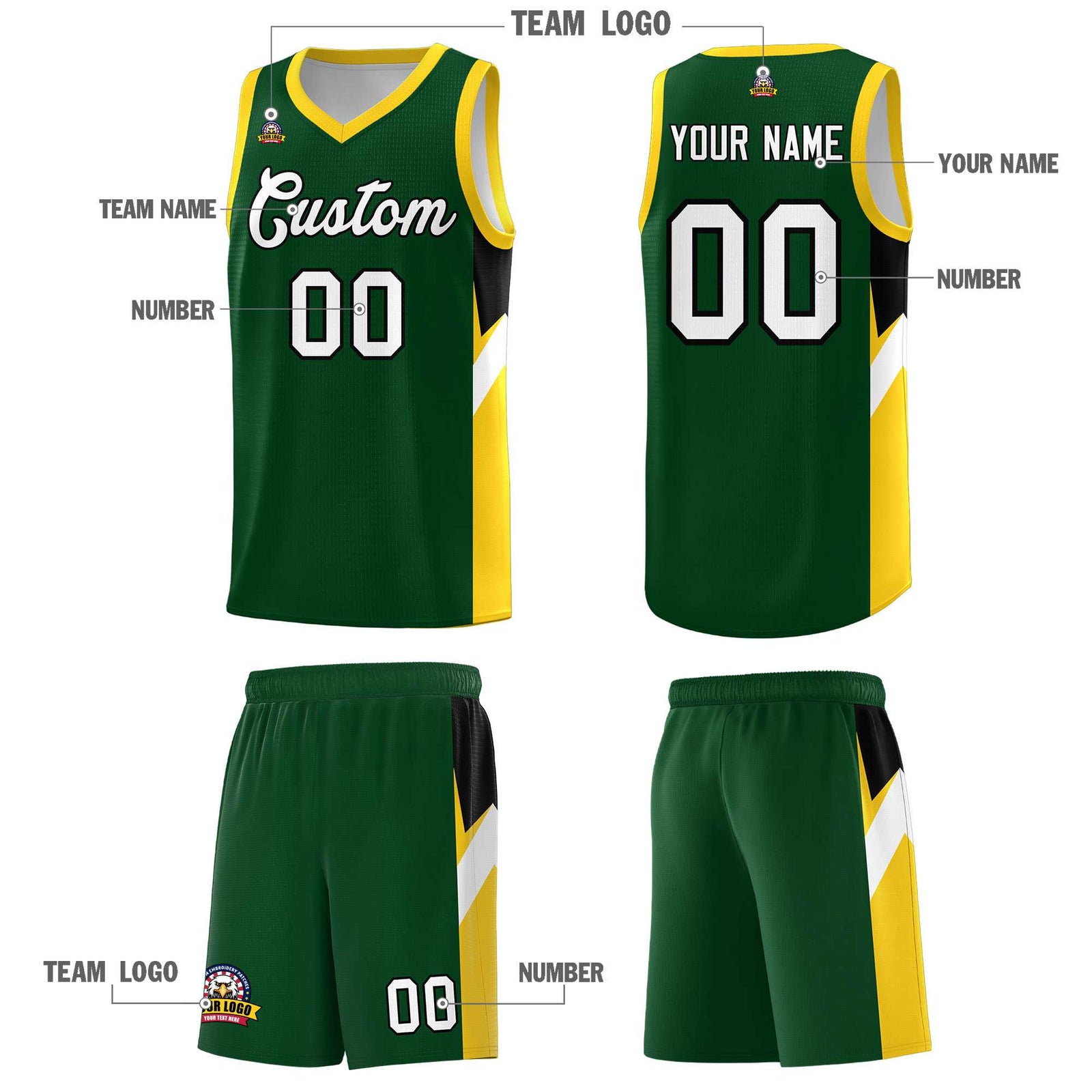 Custom Hunter Green Gold Side Design Sets Sports Uniform Basketball Jersey