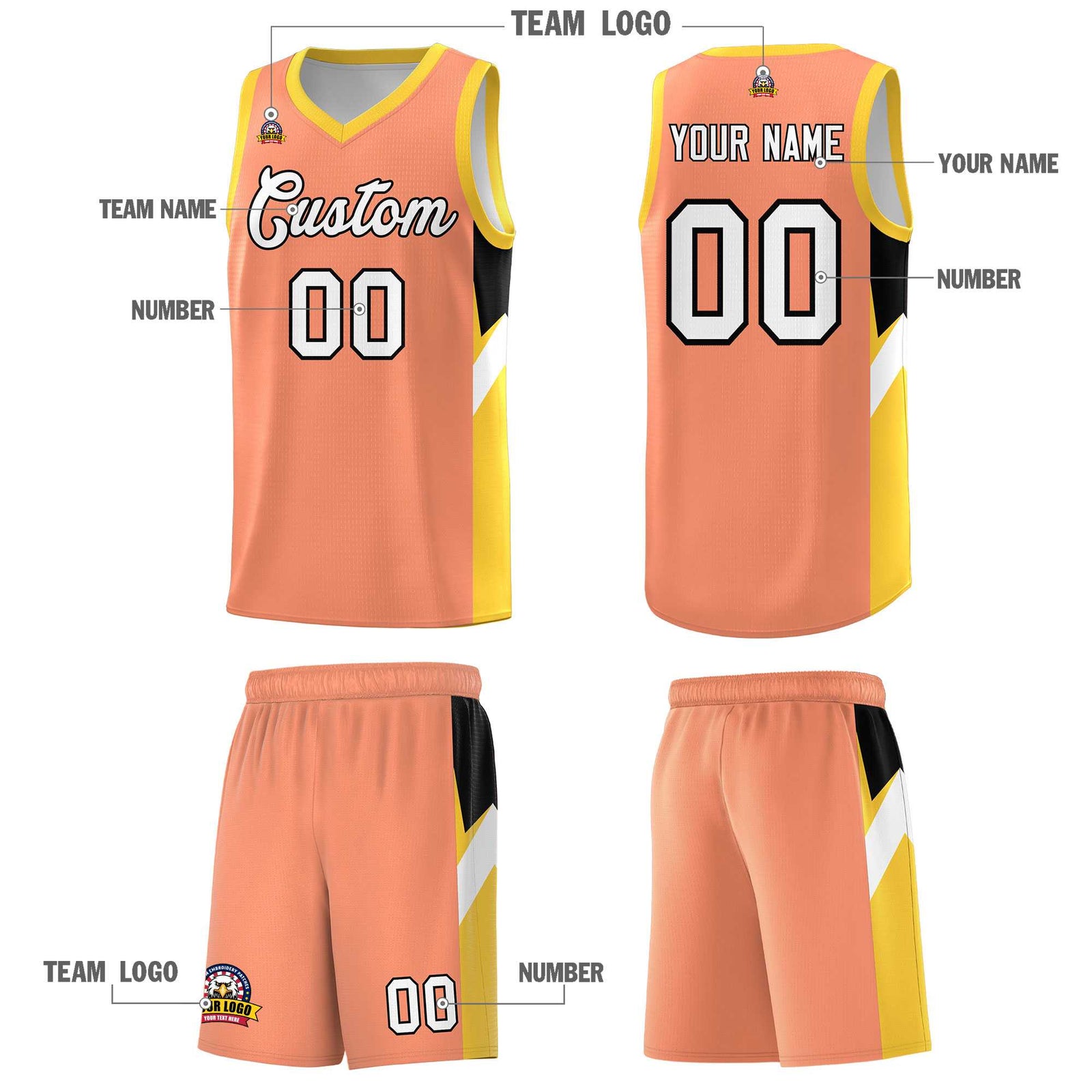 Custom Orange Gold Side Design Sets Sports Uniform Basketball Jersey