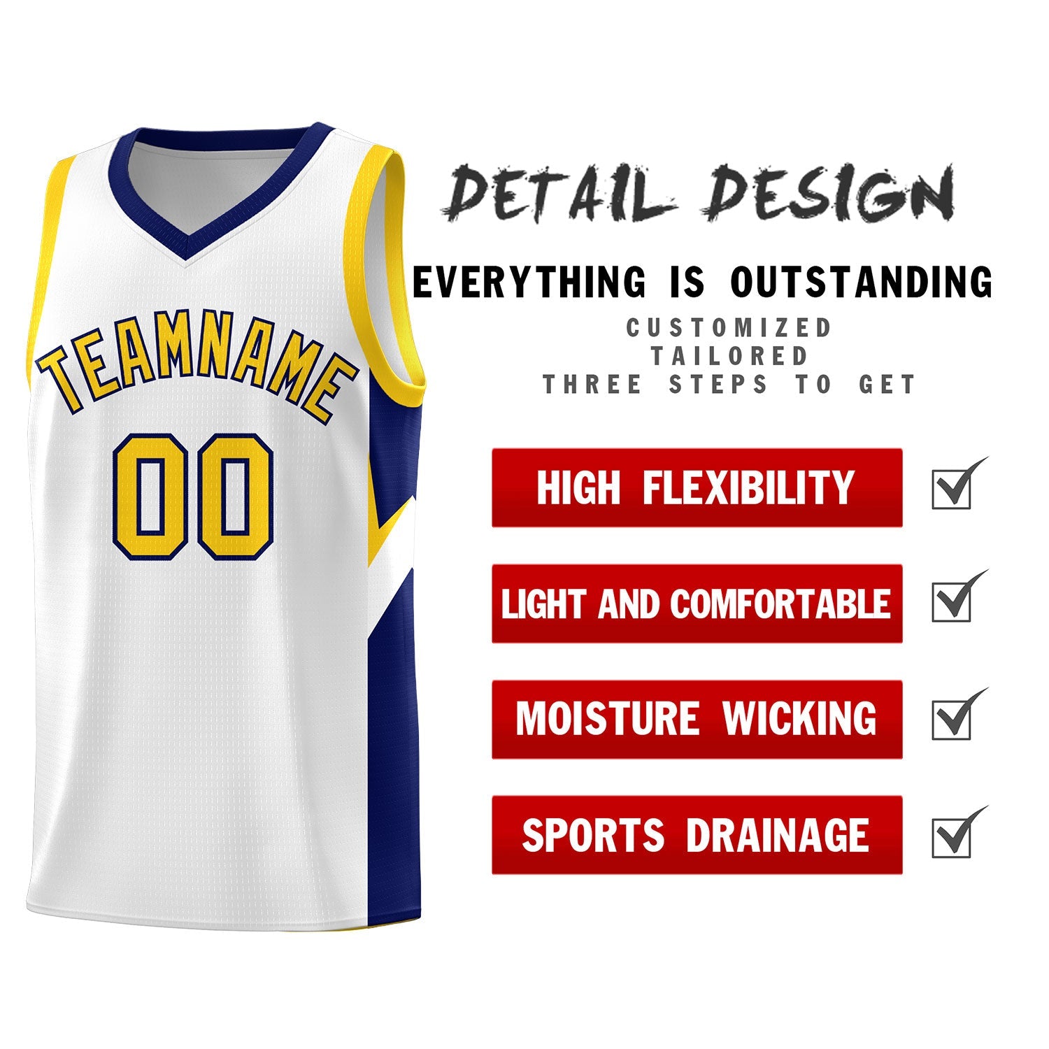 Custom White Navy Side Design Sets Sports Uniform Basketball Jersey