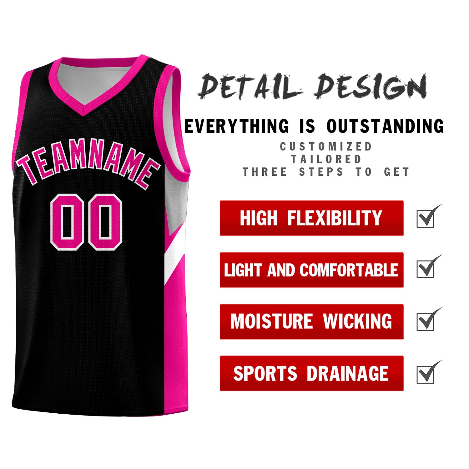 Custom Black Pink Side Design Sets Sports Uniform Basketball Jersey