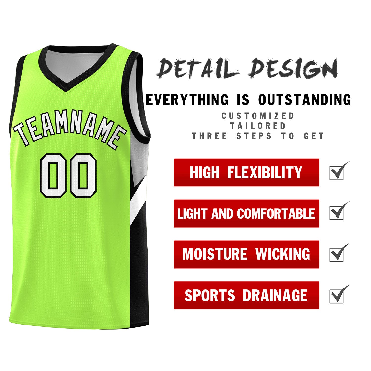 Custom Fluorescent Green Black Side Design Sets Sports Uniform Basketball Jersey