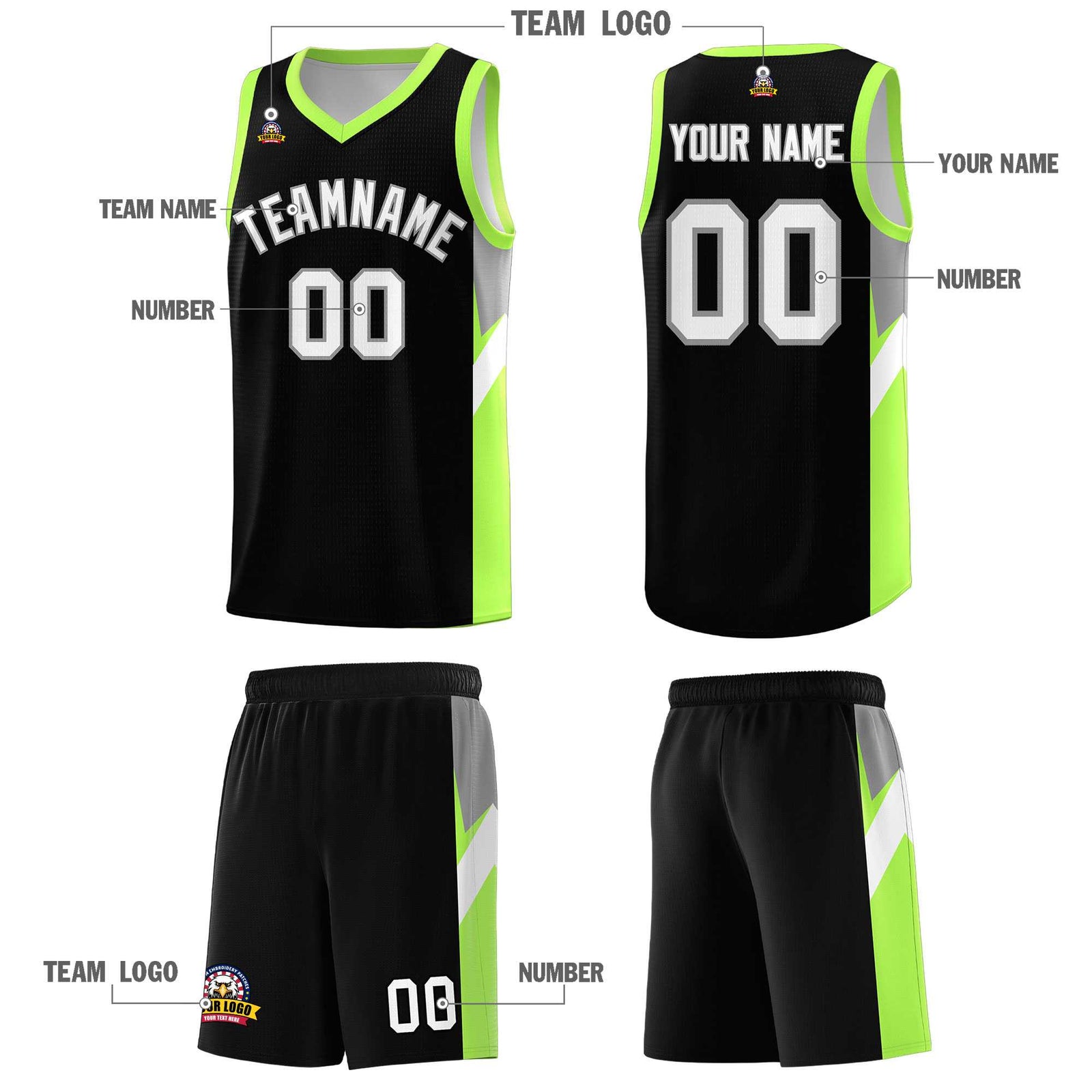 Custom Black Fluorescent Green Side Design Sets Sports Uniform Basketball Jersey