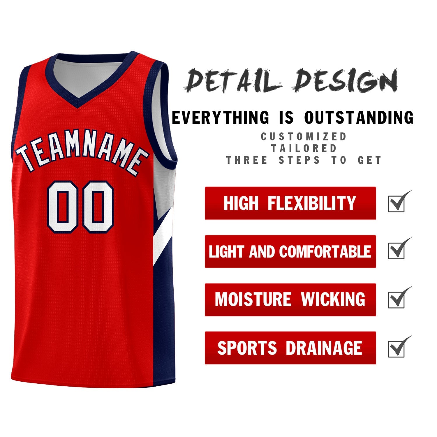 Custom Red Navy Side Design Sets Sports Uniform Basketball Jersey