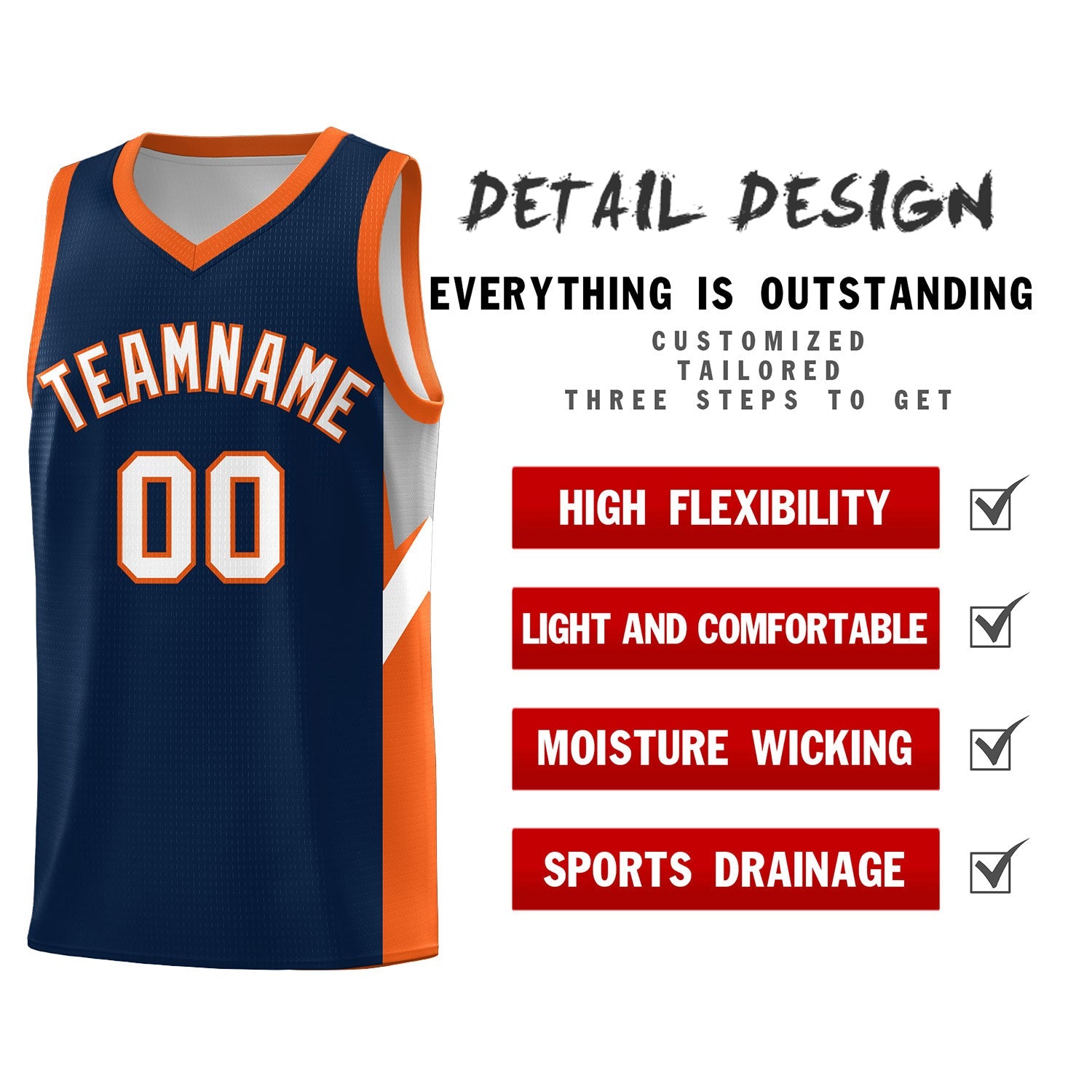 Custom Navy Orange Side Design Sets Sports Uniform Basketball Jersey