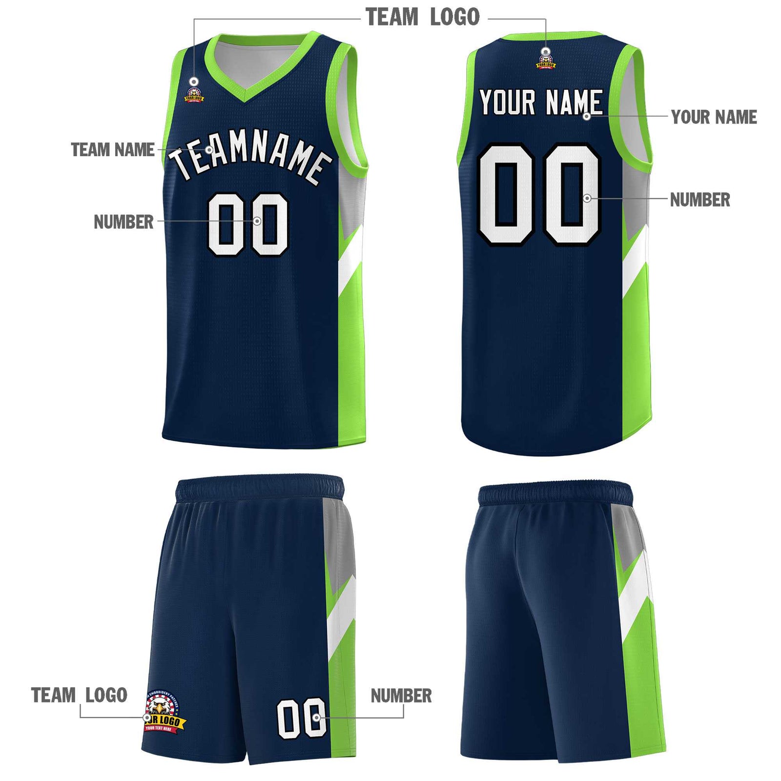 Custom Navy Neon Green Side Design Sets Sports Uniform Basketball Jersey