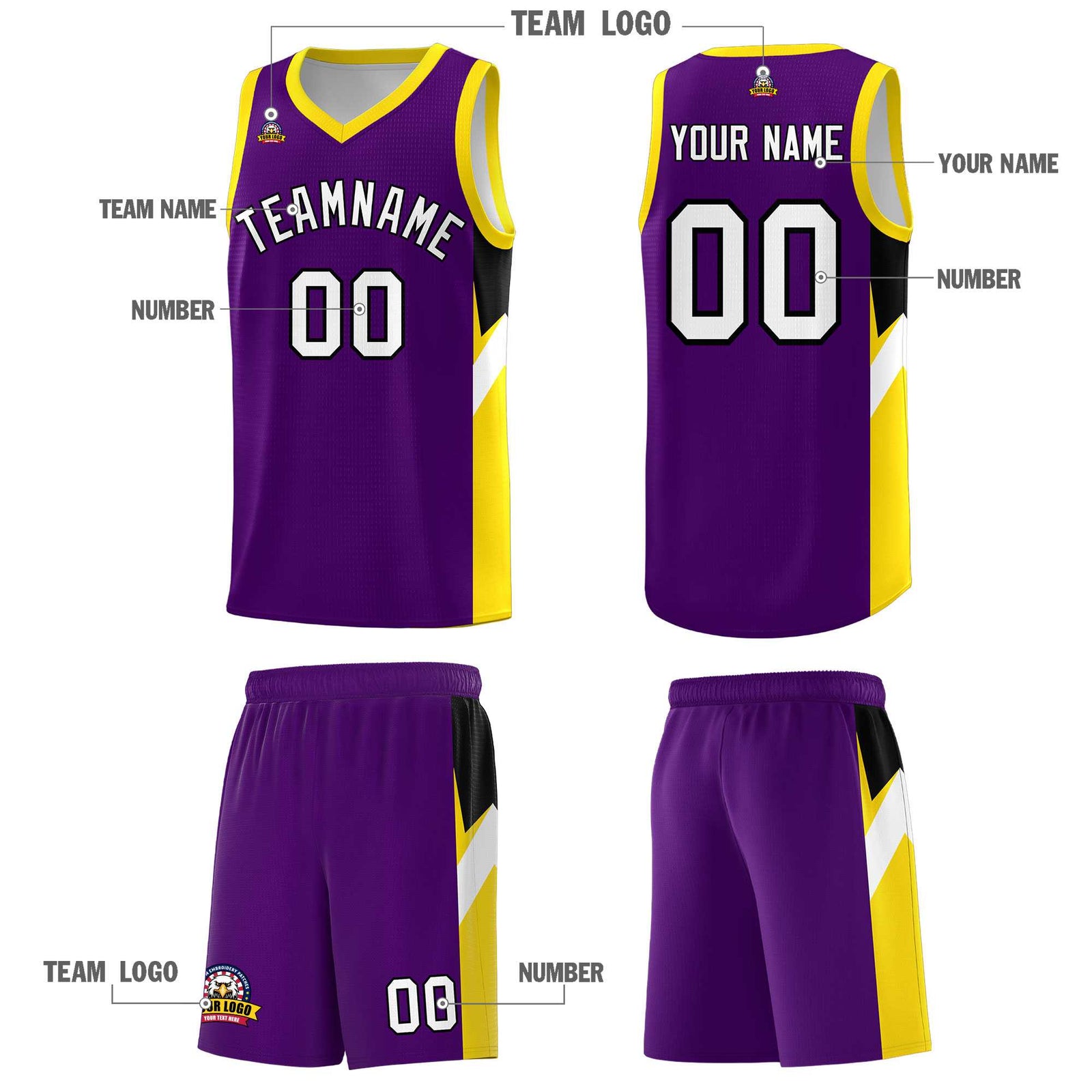 Custom Purple Gold Side Design Sets Sports Uniform Basketball Jersey