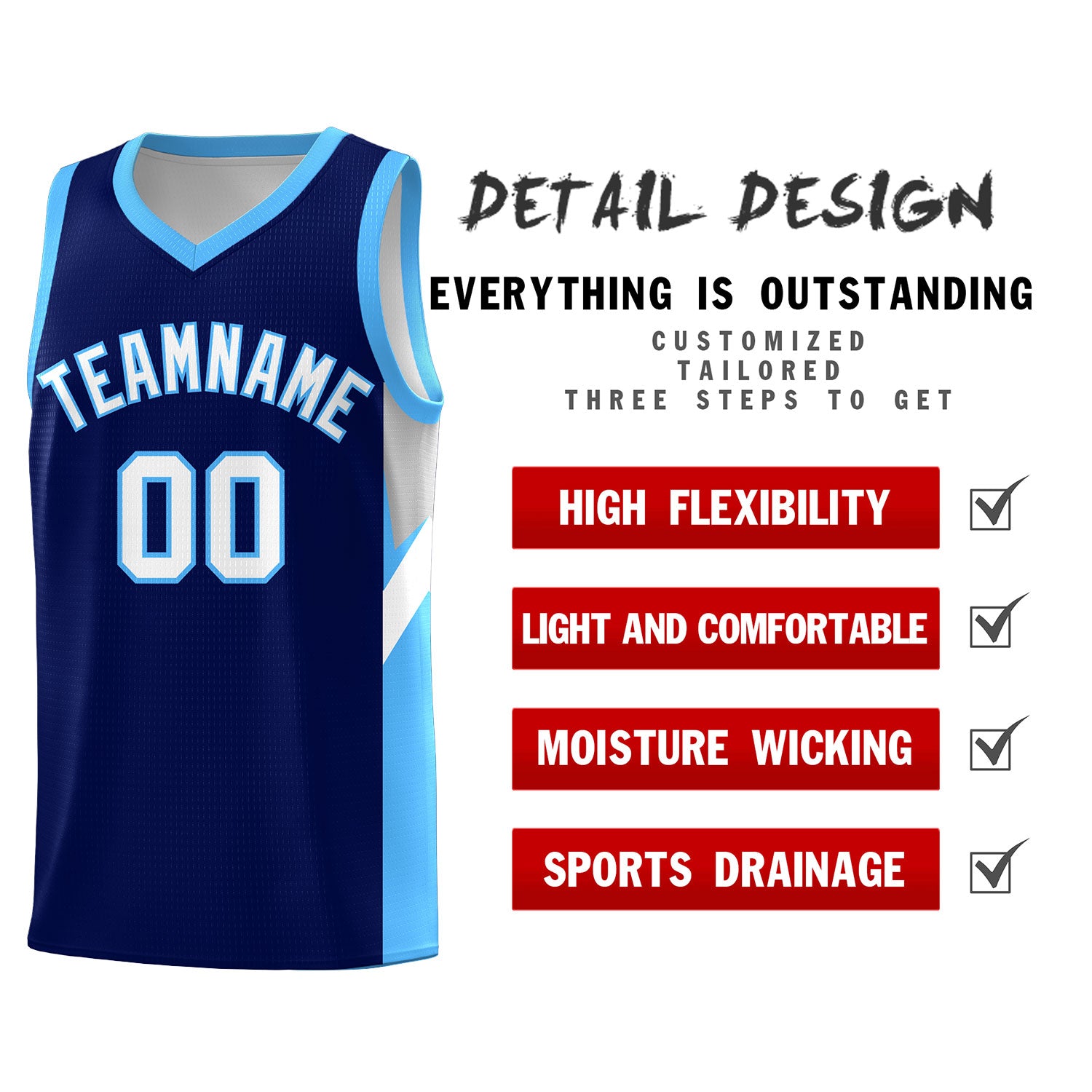Custom Navy Powder Blue Side Design Sets Sports Uniform Basketball Jersey