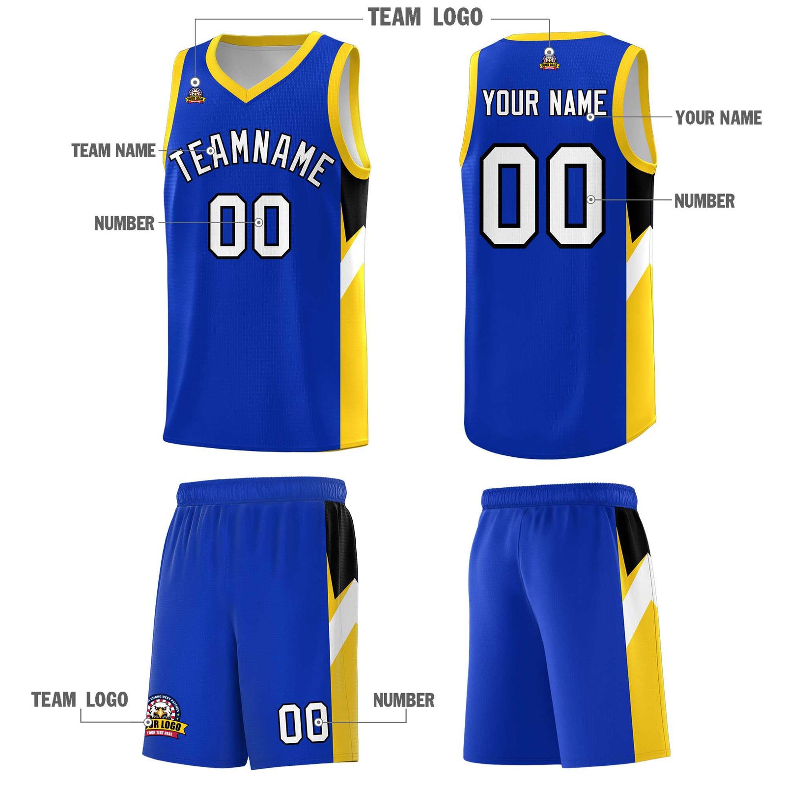 Custom Royal Gold Side Design Sets Sports Uniform Basketball Jersey