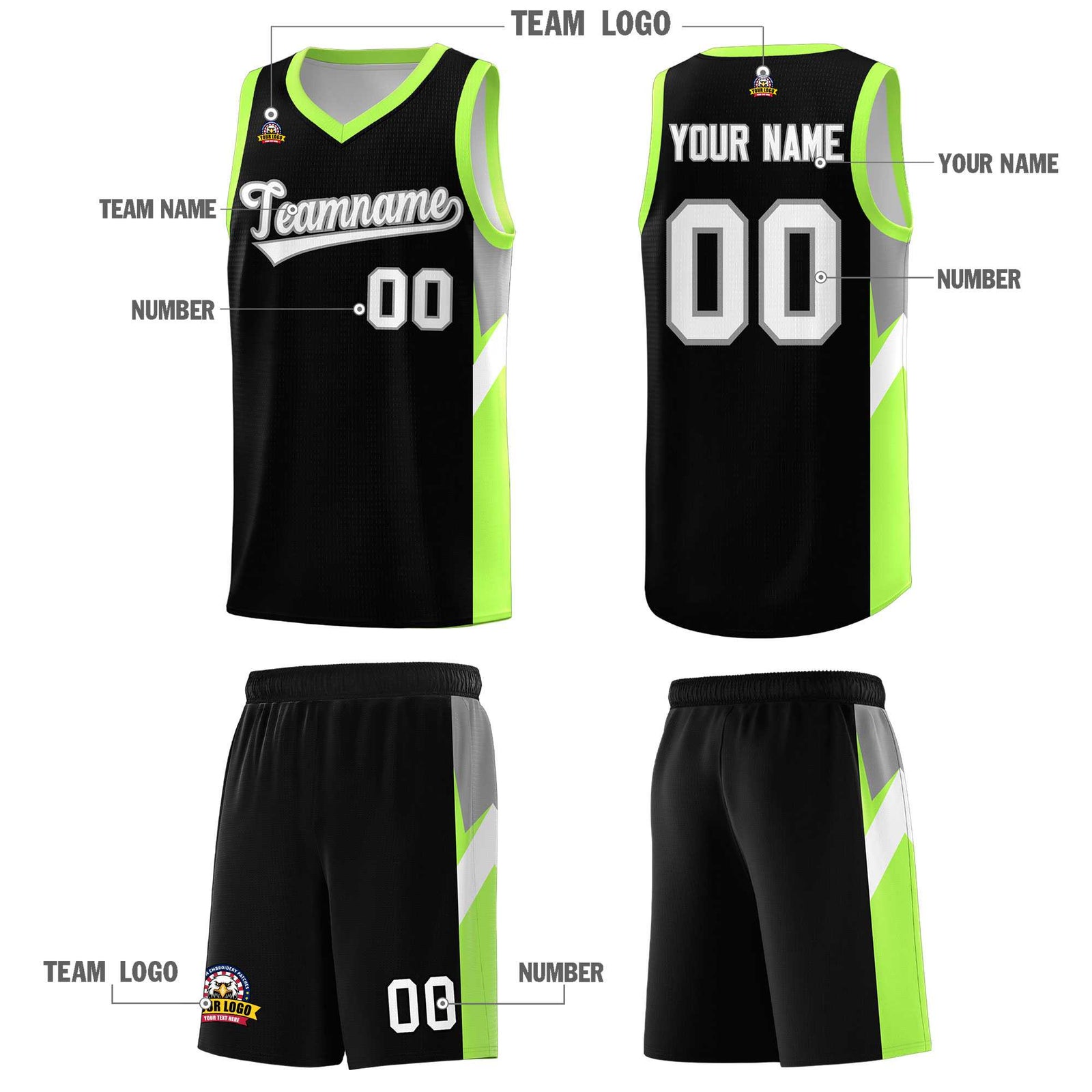 Custom Black Fluorescent Green Side Design Sets Sports Uniform Basketball Jersey
