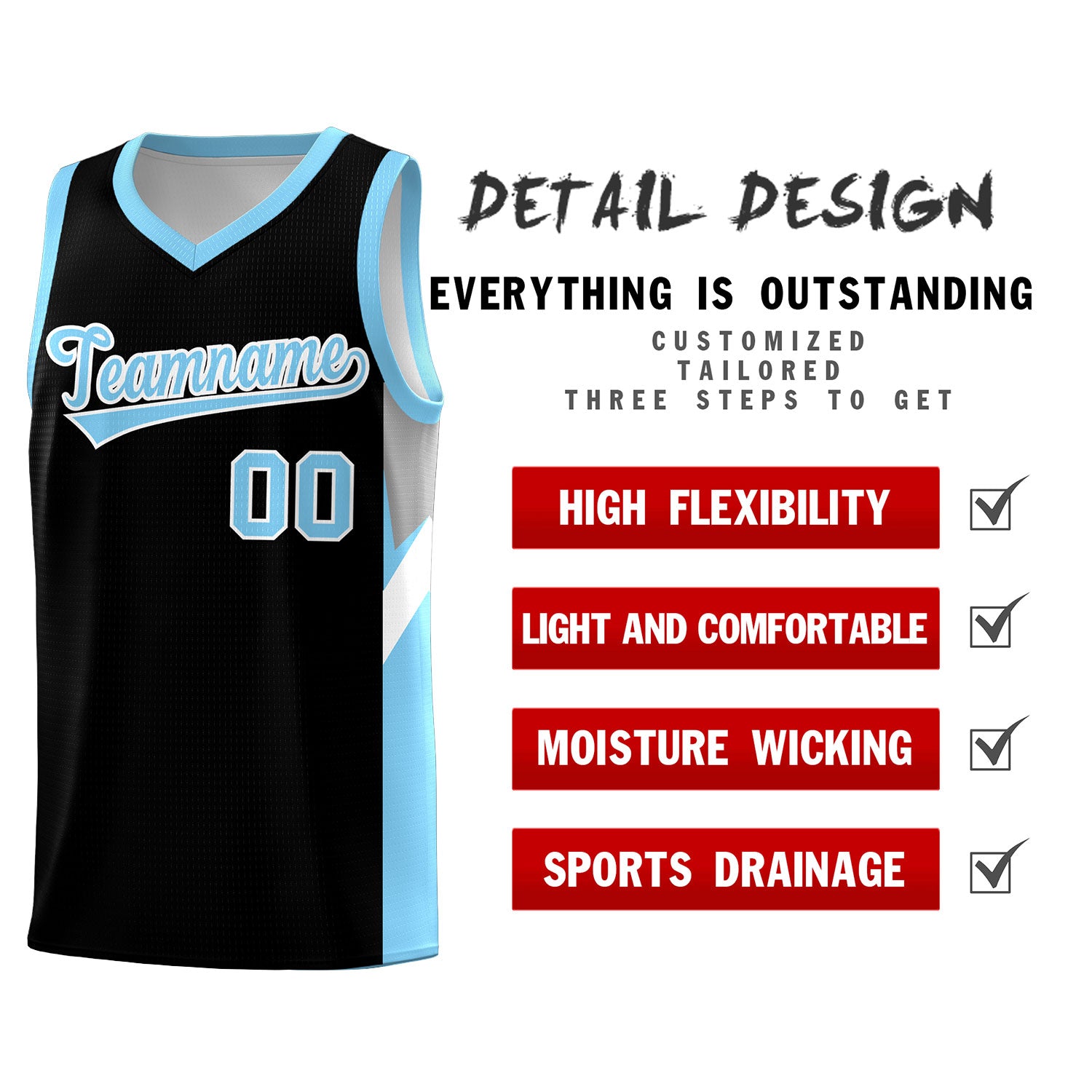 Custom Black Light Blue Side Design Sets Sports Uniform Basketball Jersey