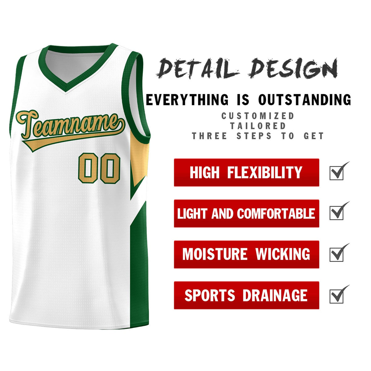 Custom White Green Side Design Sets Sports Uniform Basketball Jersey