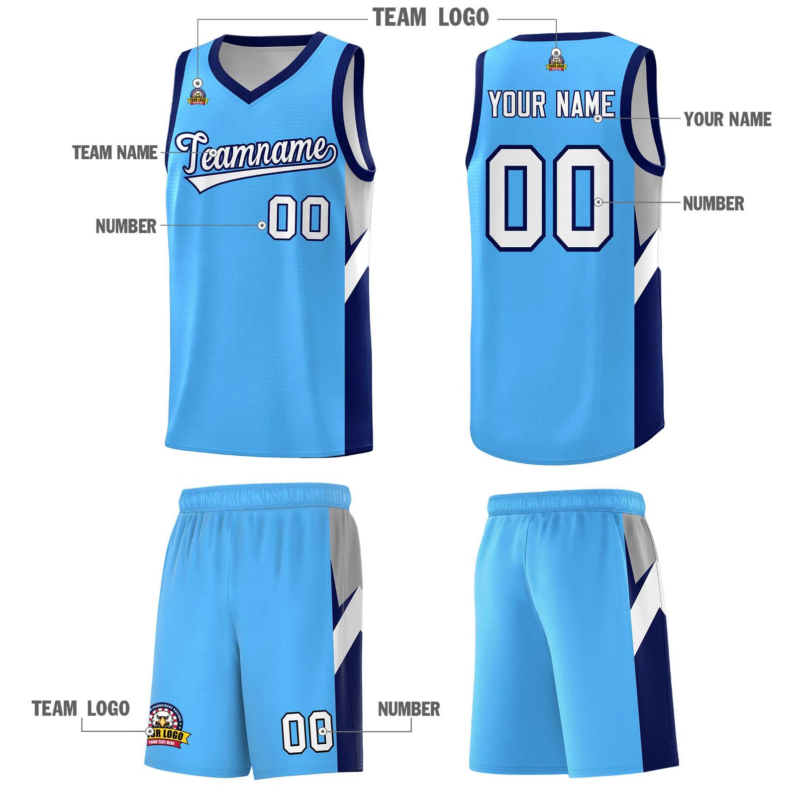 Custom Powder Blue Navy Side Design Sets Sports Uniform Basketball Jersey