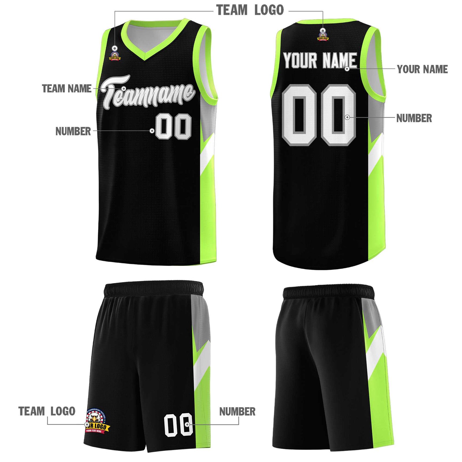 Custom Black Fluorescent Green Side Design Sets Sports Uniform Basketball Jersey
