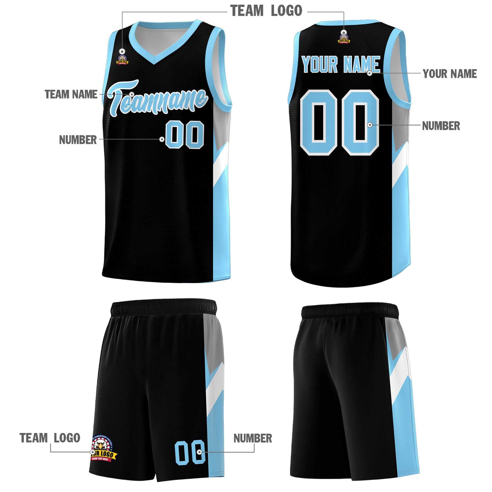 Custom Black Light Blue Side Design Sets Sports Uniform Basketball Jersey