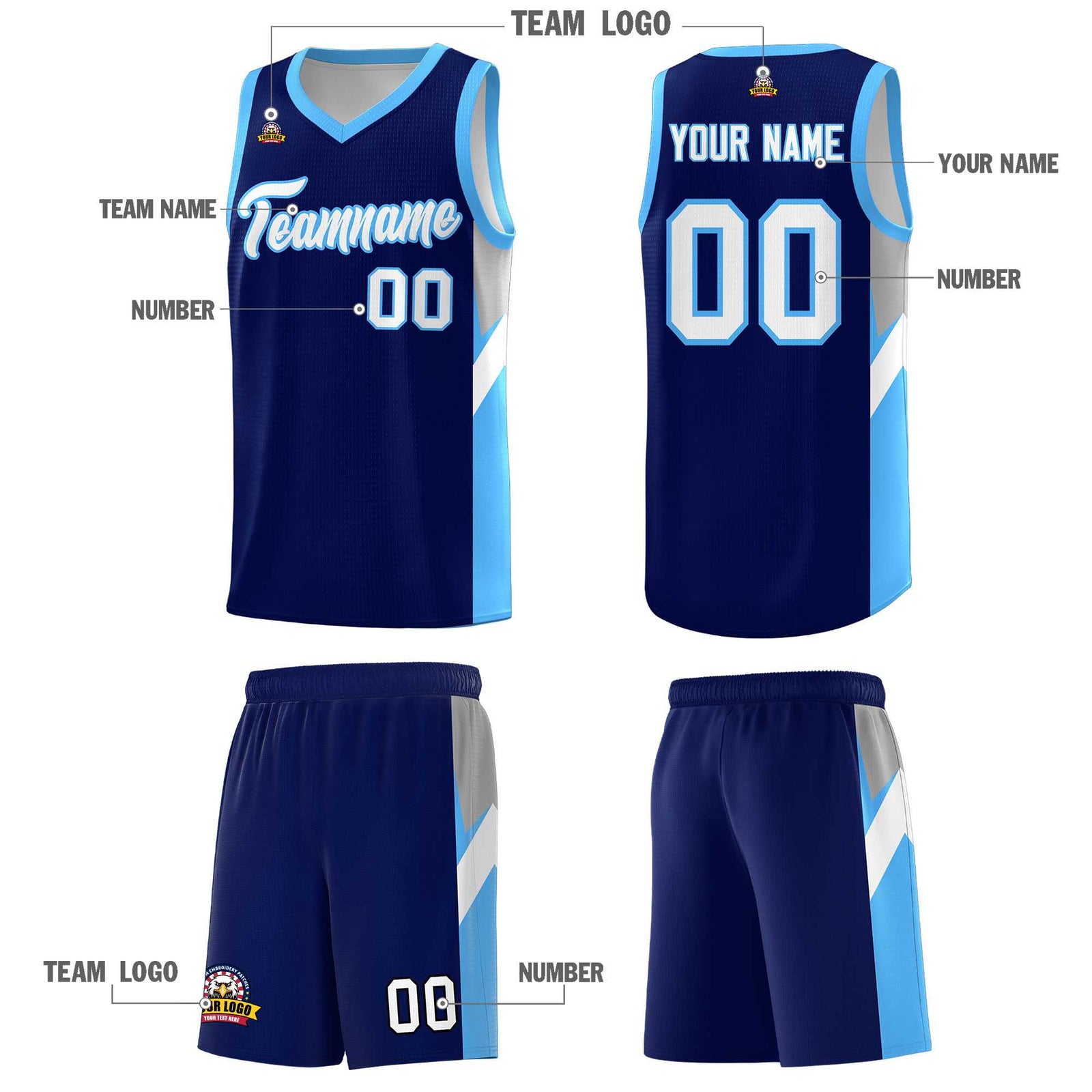 Custom Navy Powder Blue Side Design Sets Sports Uniform Basketball Jersey