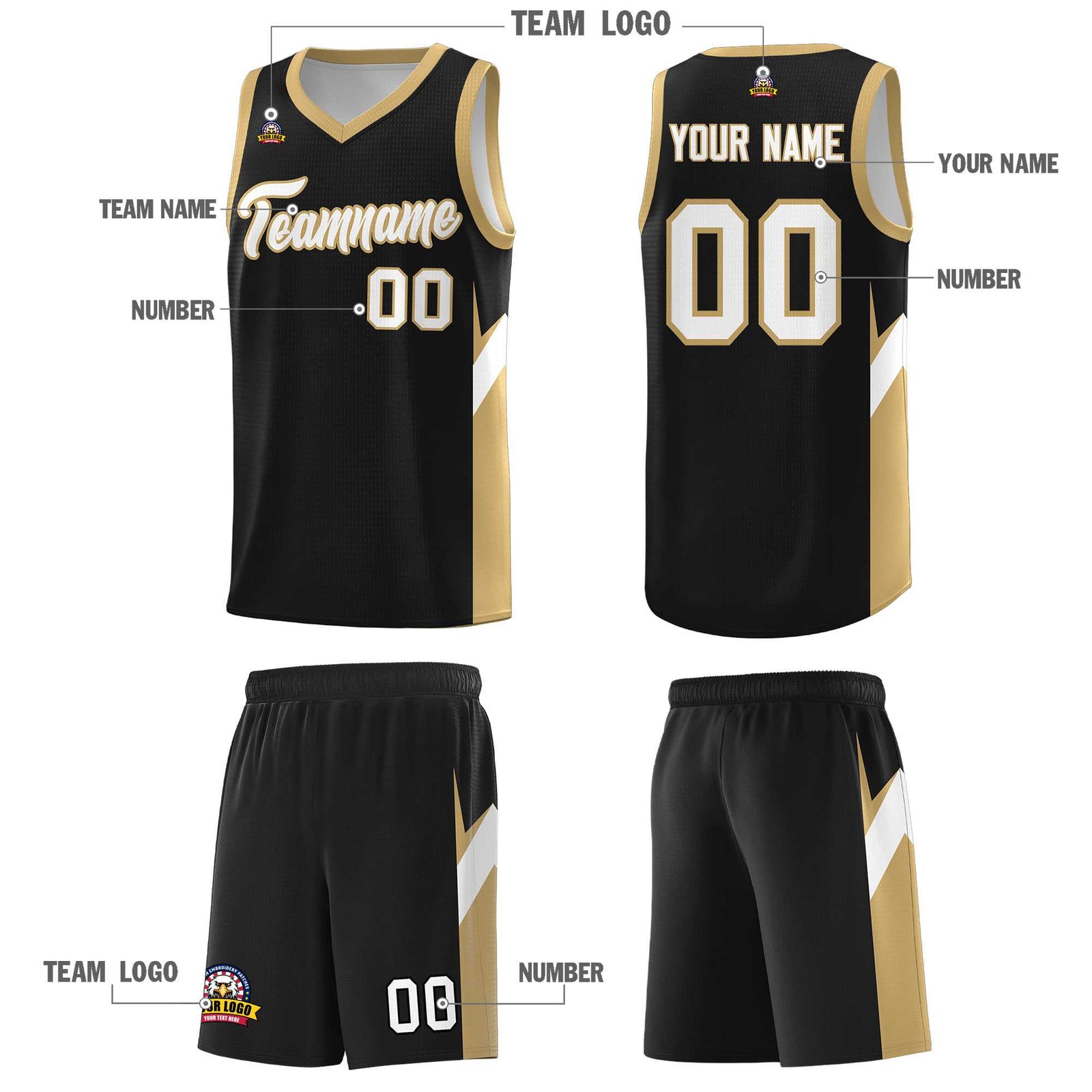 Custom Black Old Gold Side Design Sets Sports Uniform Basketball Jersey
