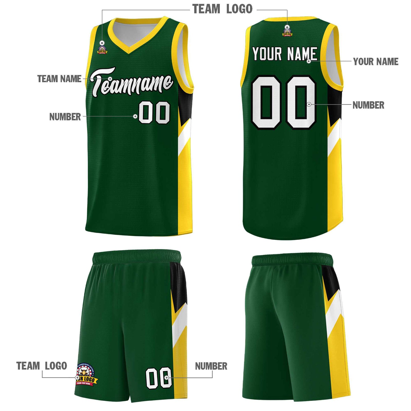 Custom Hunter Green Gold Side Design Sets Sports Uniform Basketball Jersey