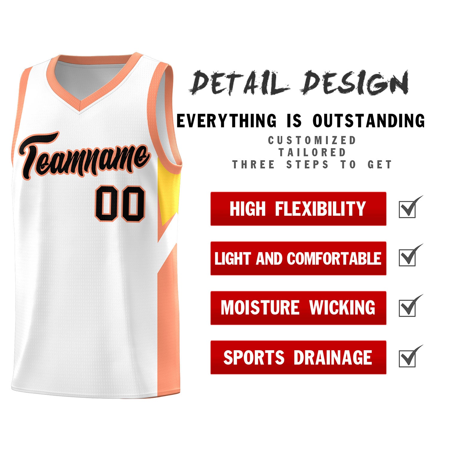 Custom White Orange Side Design Sets Sports Uniform Basketball Jersey
