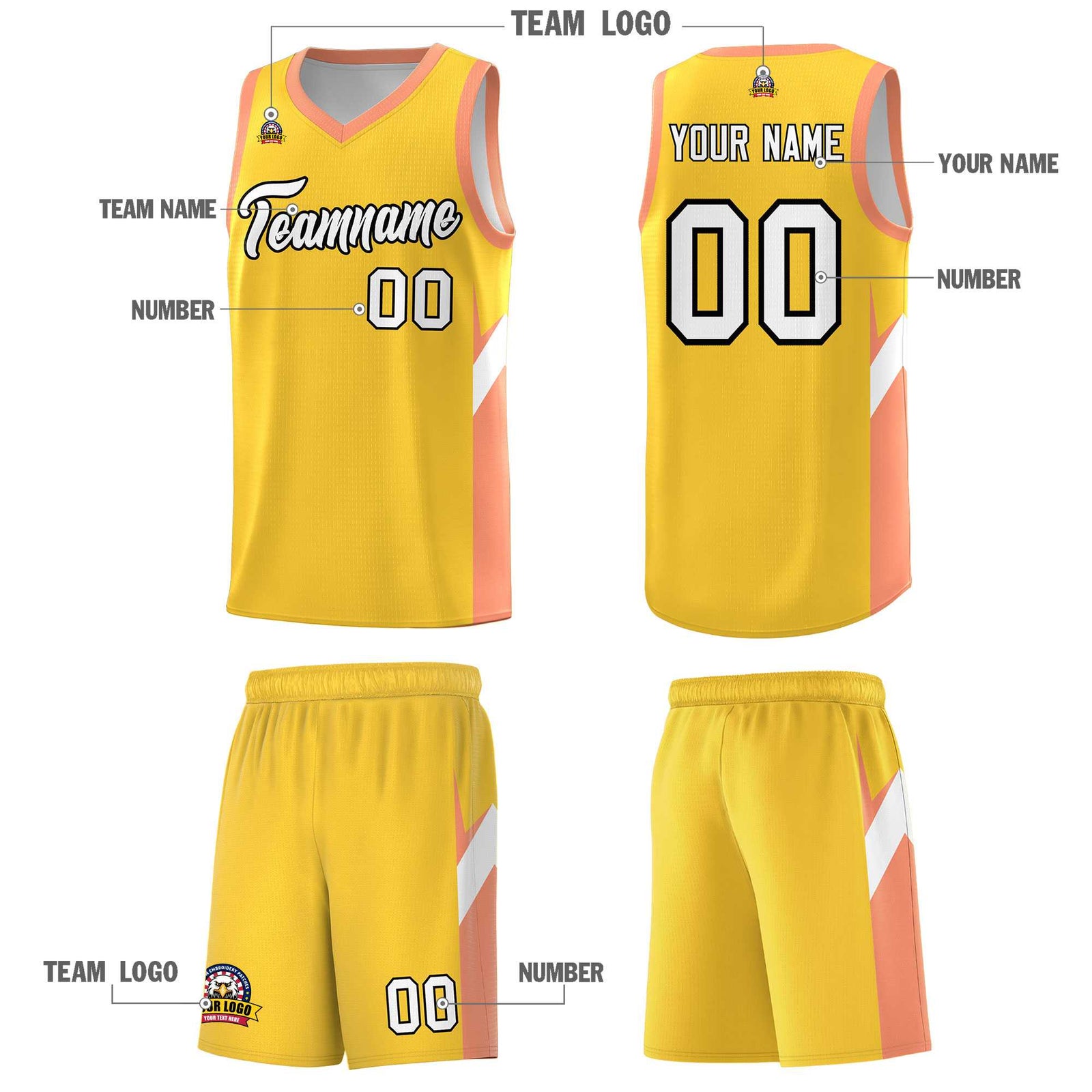 Custom Gold Orange Side Design Sets Sports Uniform Basketball Jersey